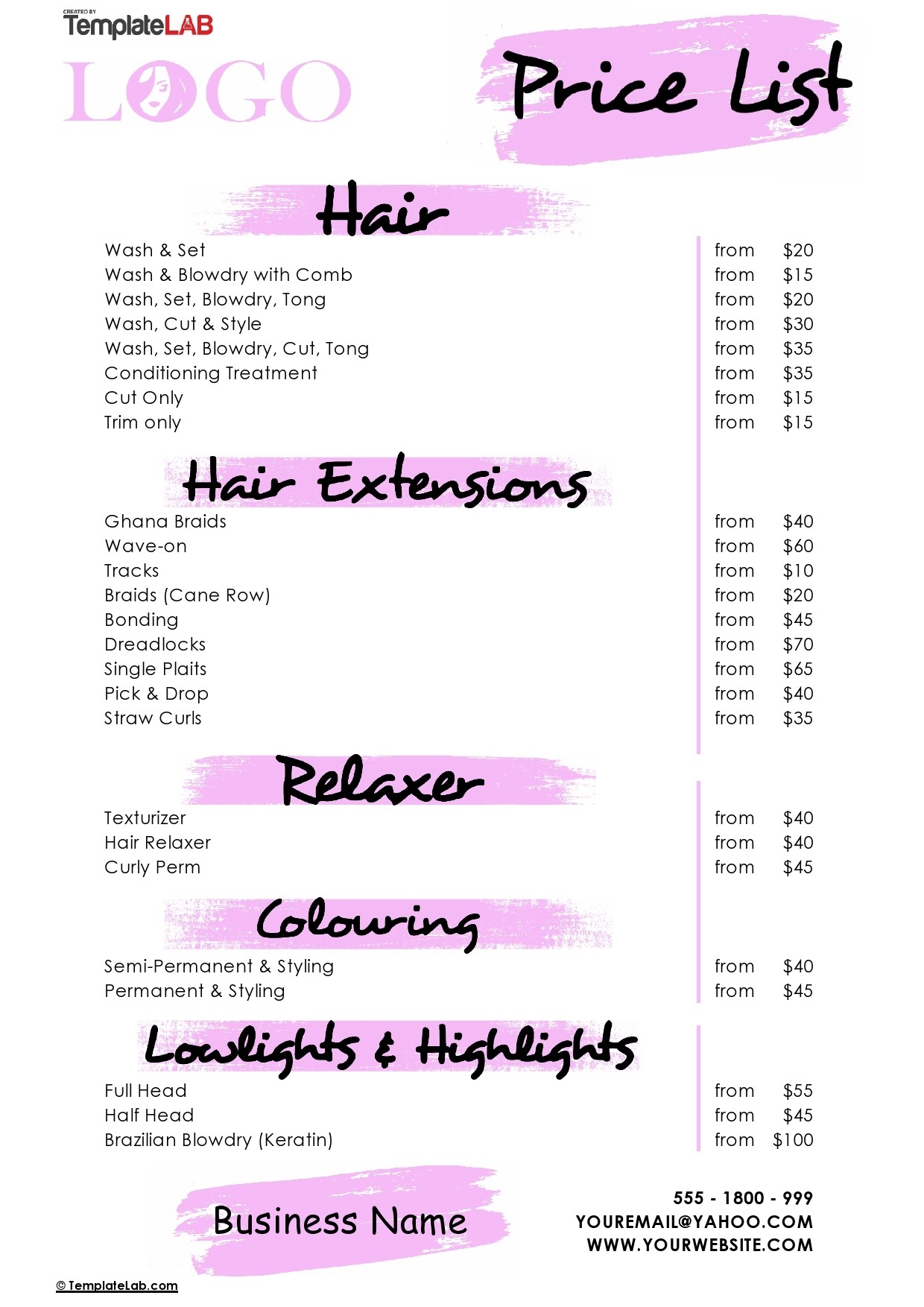 Salon Price List Template Free
