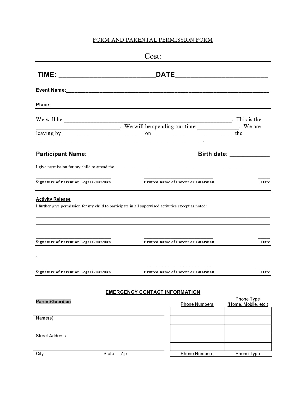 Blank Permission Slip Template