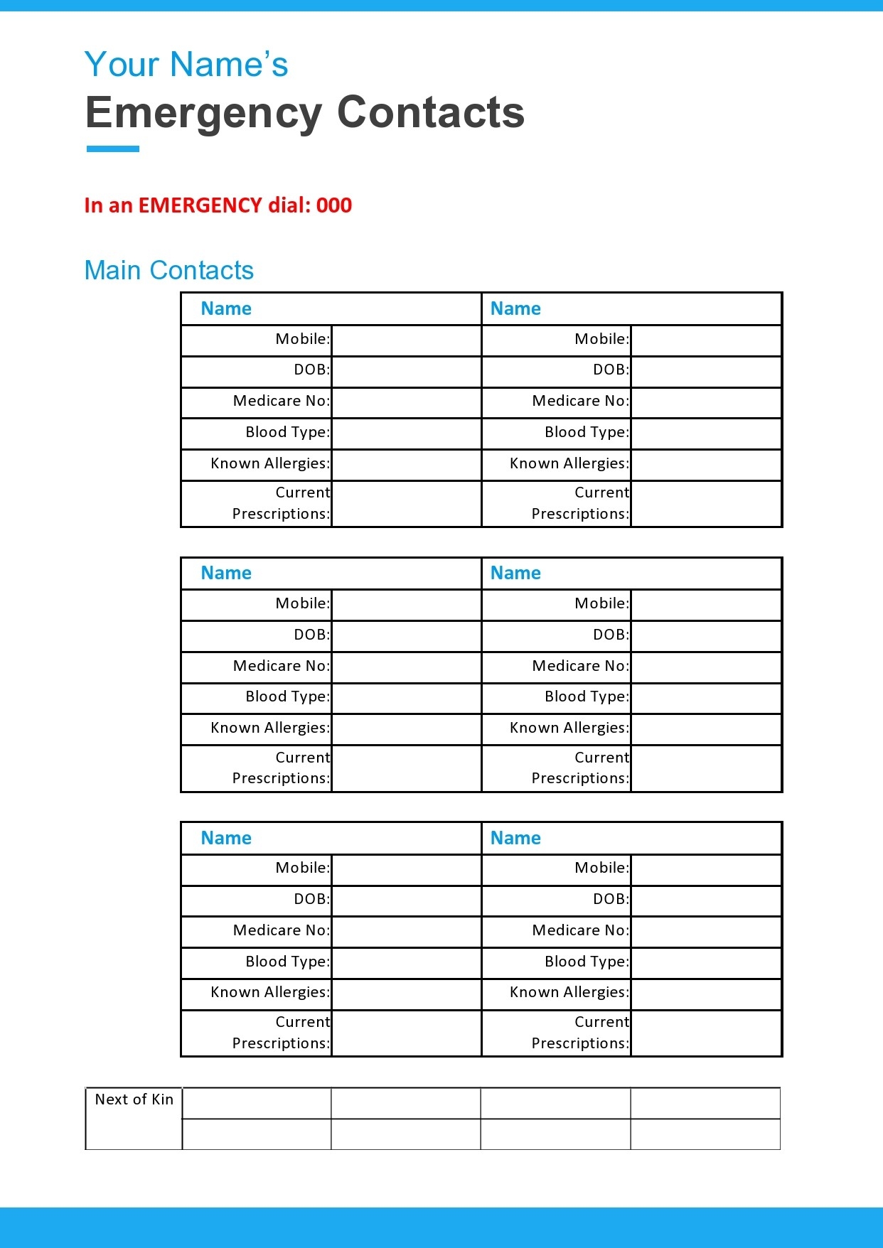 Template For Emergency Contact List