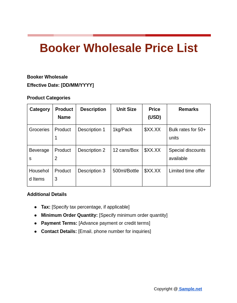44 FREE Price List Samples To Download