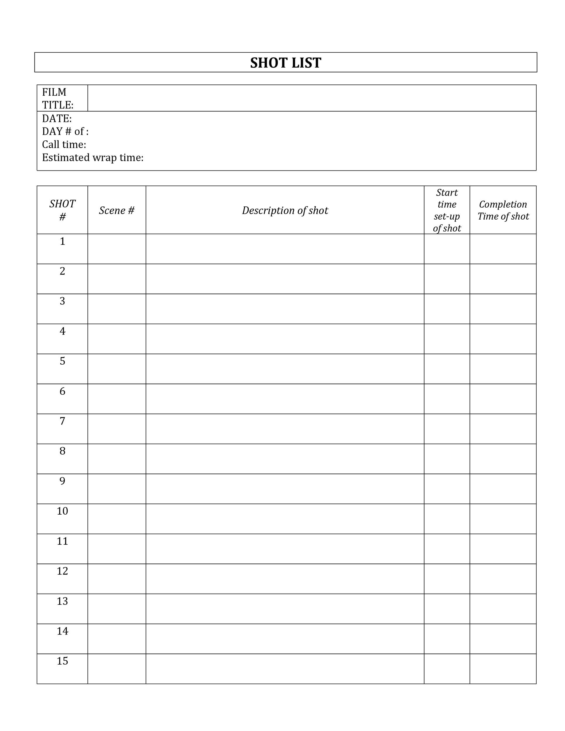 Shot List Template Word