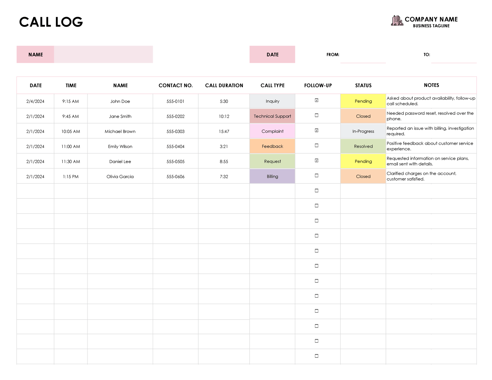 8 Free Call Log Templates For Excel WordLayouts