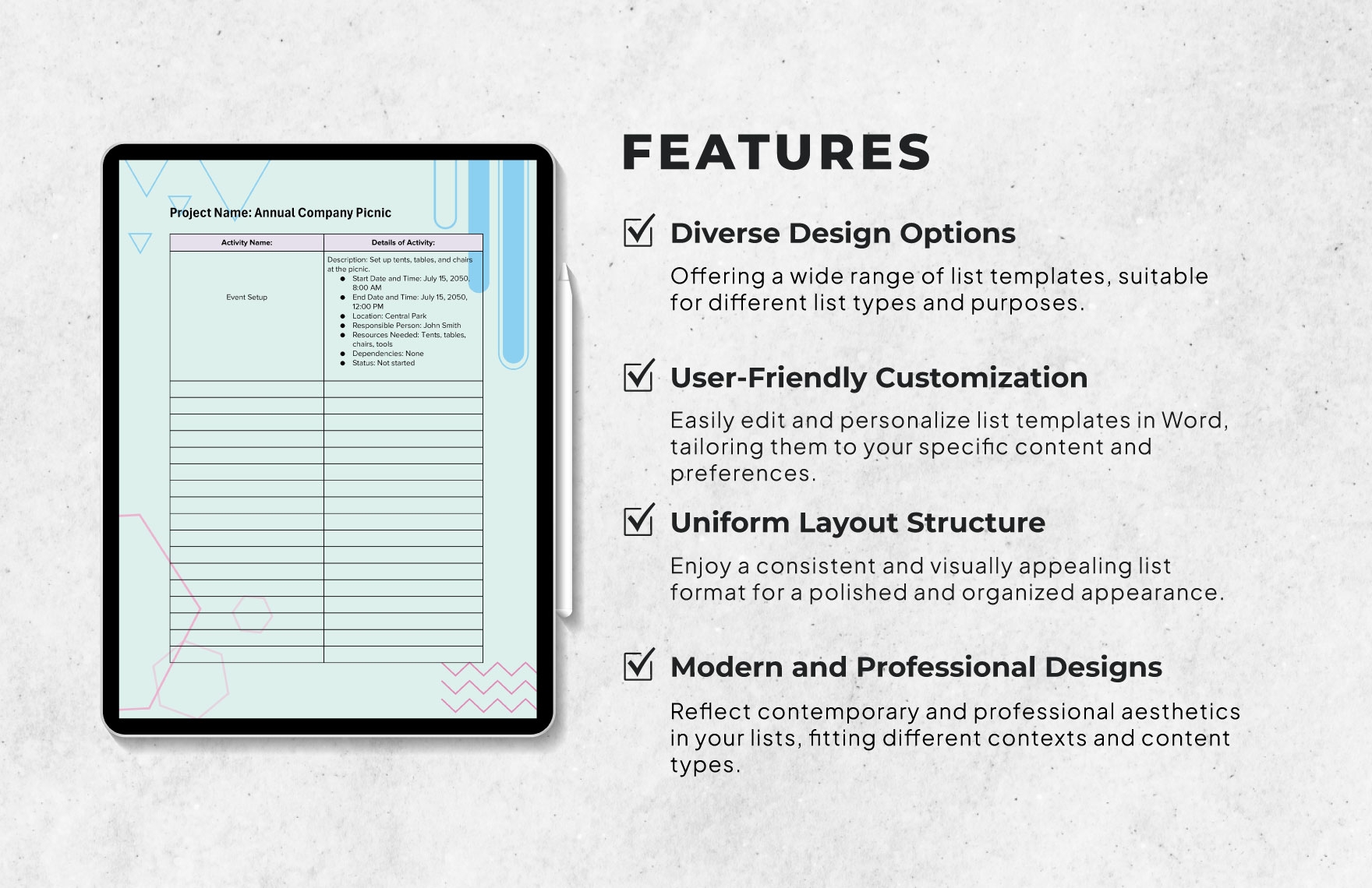 Activities List Template