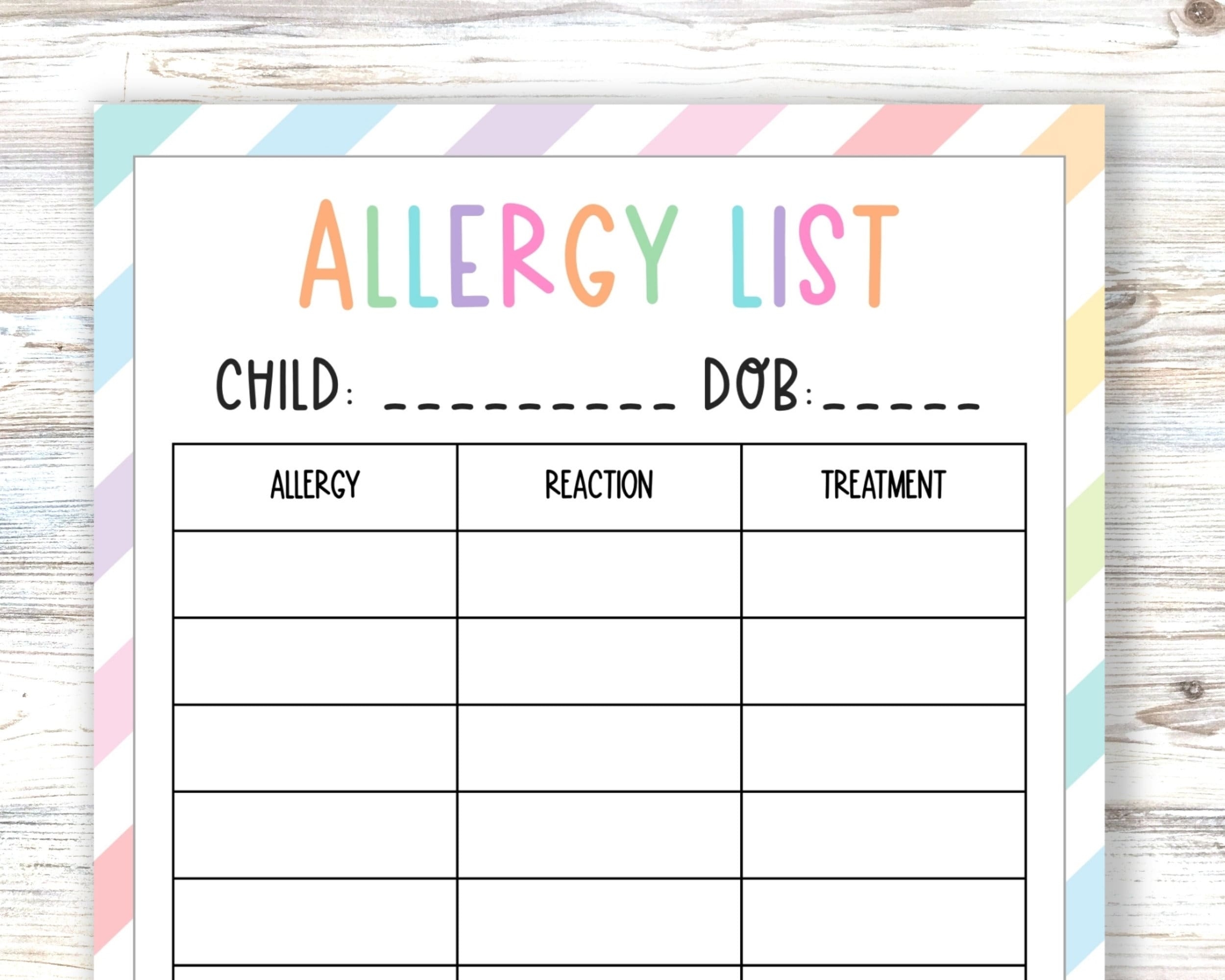 Allergy List Template