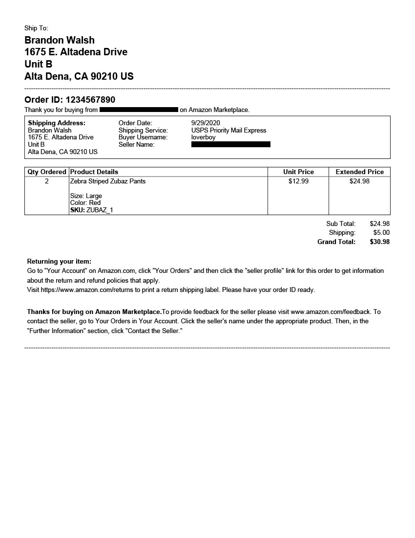 Amazon Packing Slip Template