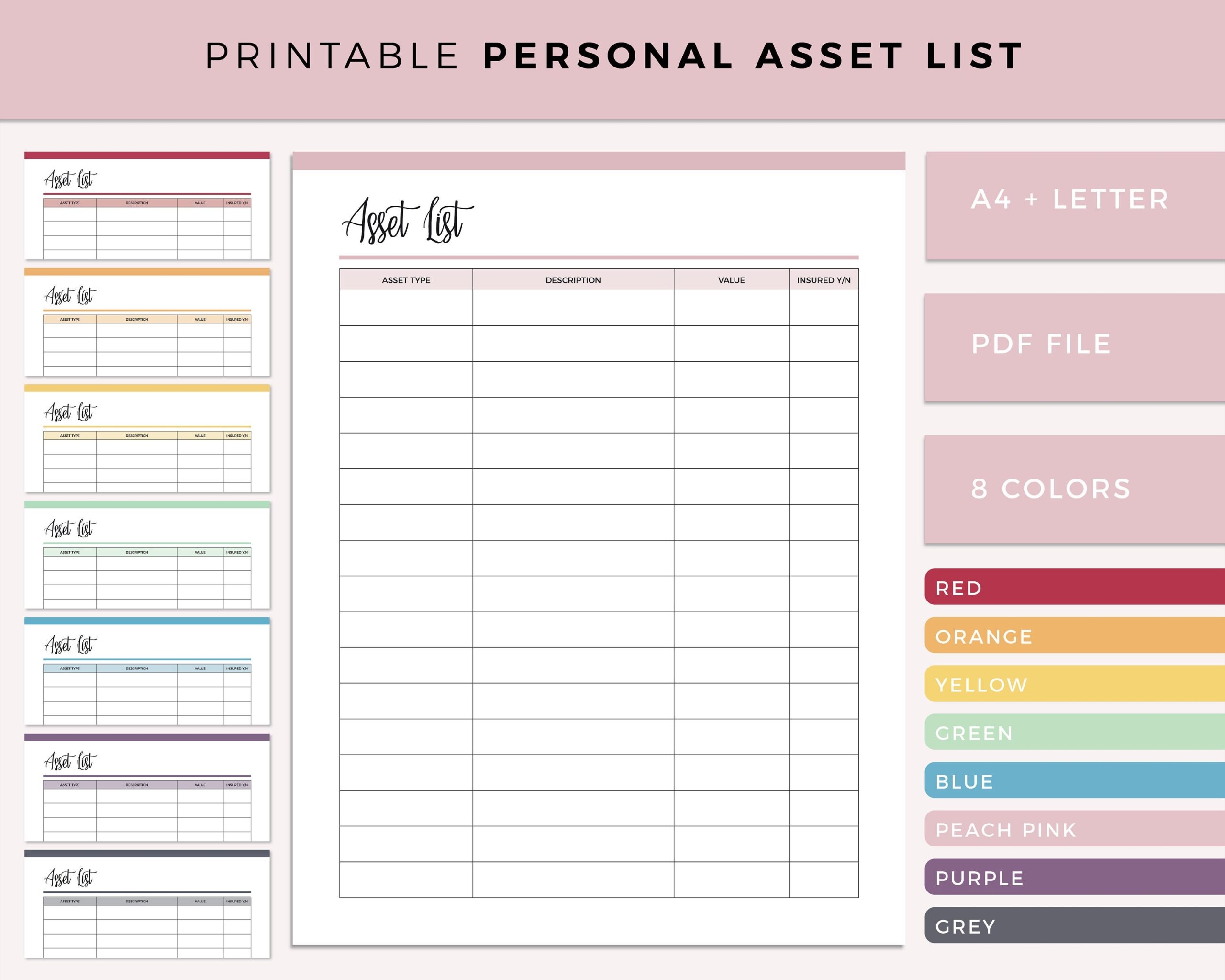 Asset List Printable Home Inventory Sheet Expensive Item List Personal Finance Tracker A4 And US Letter Size Ready To Print Etsy