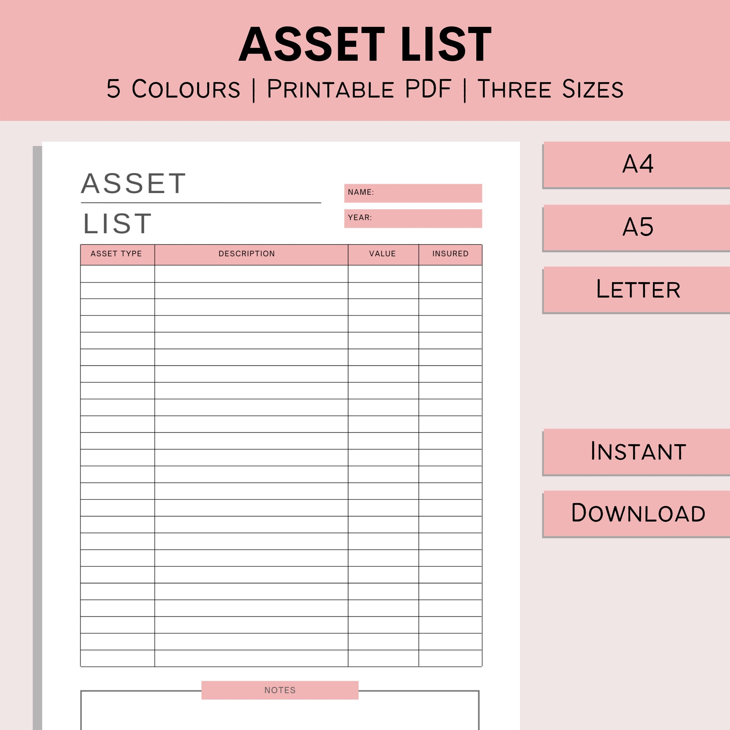 Asset List Printable Item Log Finance Tracker Home Inventory List Expensive Item Sheet Possession Log PDF A4 A5 Letter Etsy