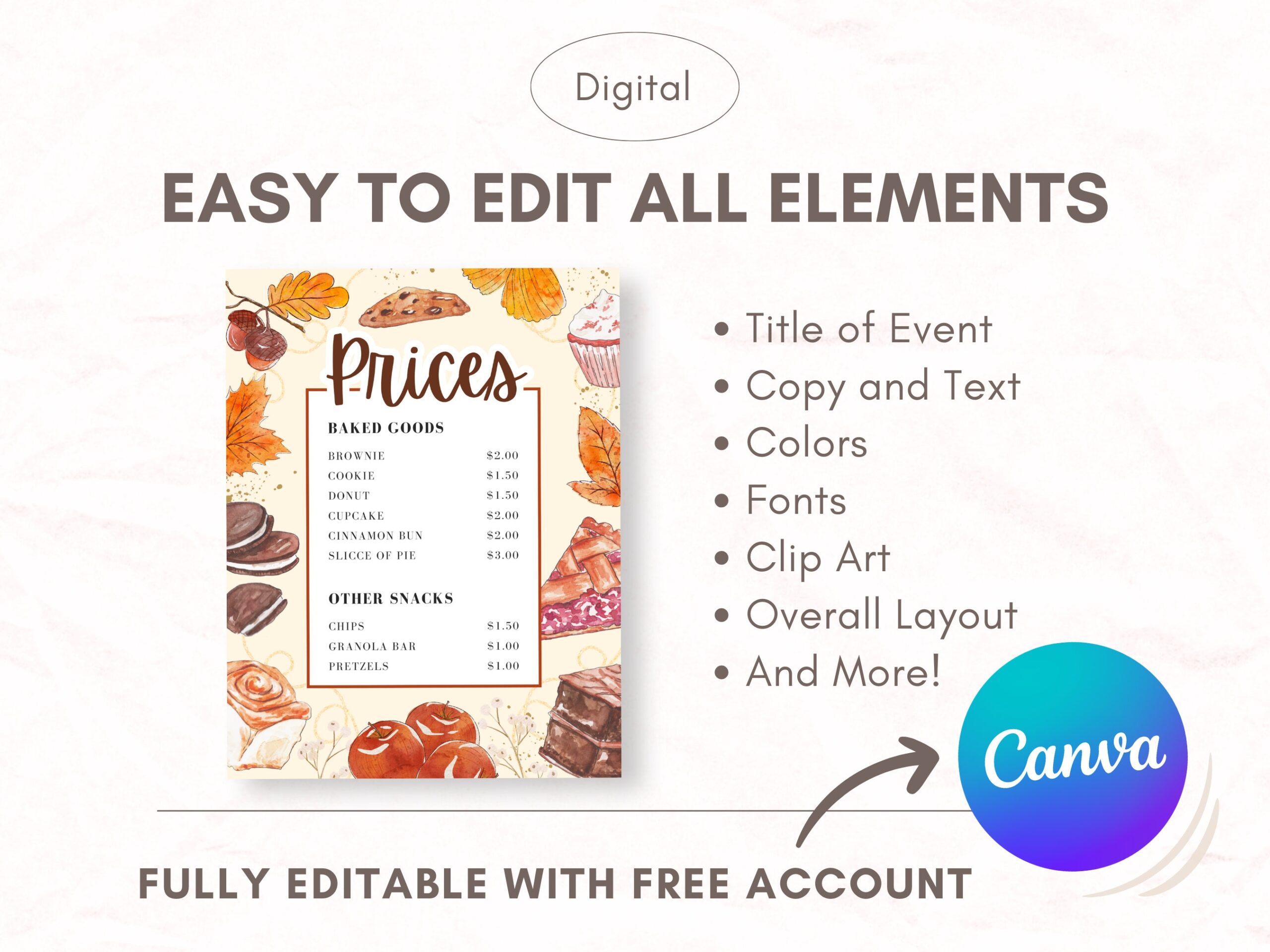 Autumn Bake Sale Price List Template Fall Bake Sale Pricing List For Church Event PTA Fundraiser Autumn PTO Event Fall Festival Market Etsy