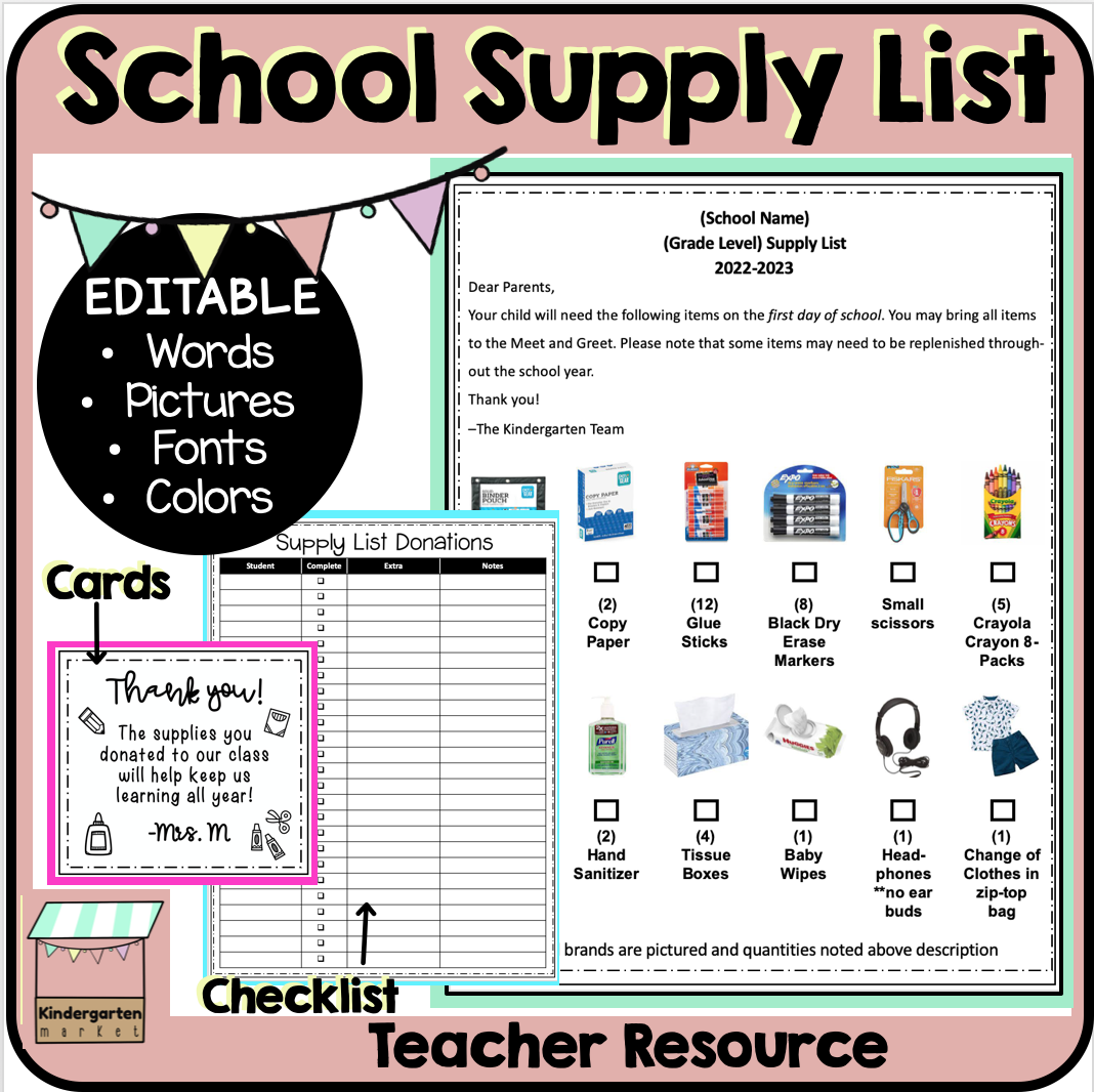 Back To School Supply List Editable Template Kindergarten And 