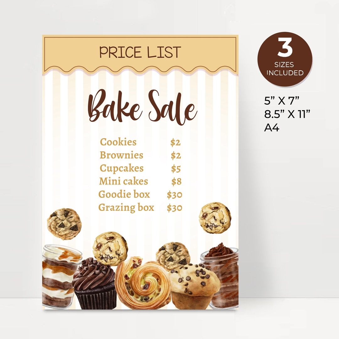 Bake Sale Price List Editable Instant Download Bake Sale Sign DIY Market Sale Community Event Church School Fundraising Template Etsy