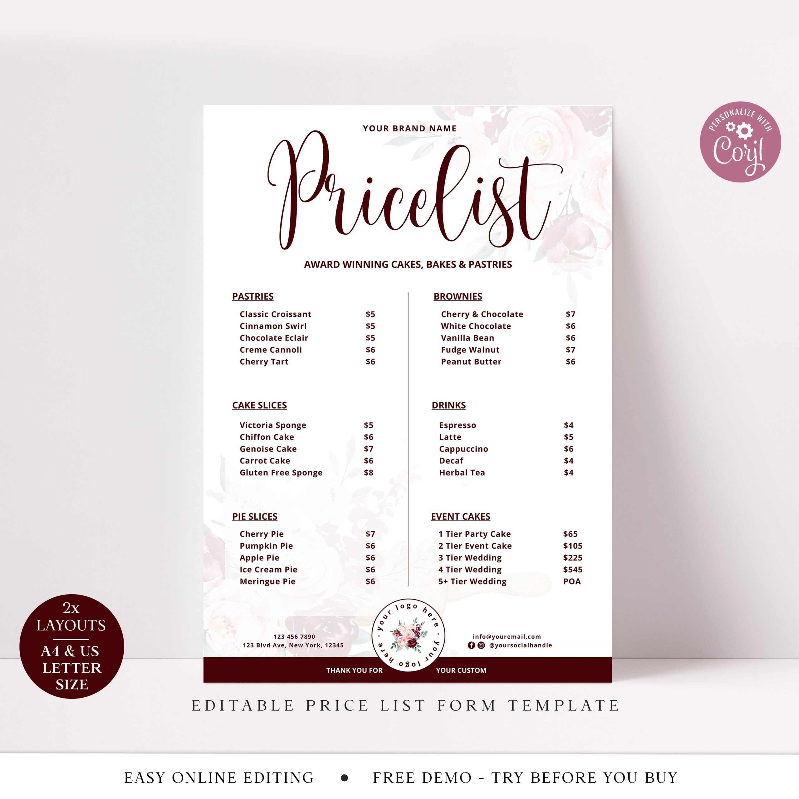 Bakery Price List Template A4 U0026 US Letter Boho Editable Pricing 