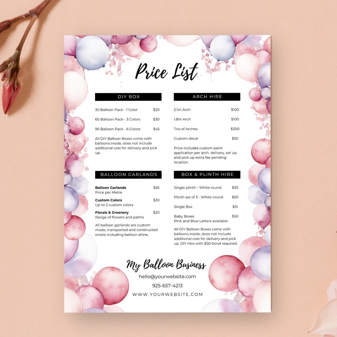 Balloon Price List Template Free