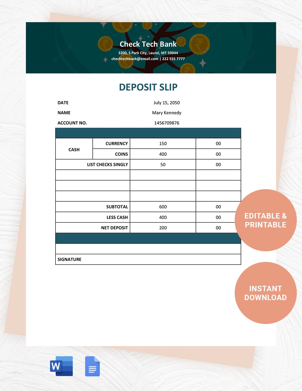 Bank Deposit Slip Template In Word Google Docs Download Template