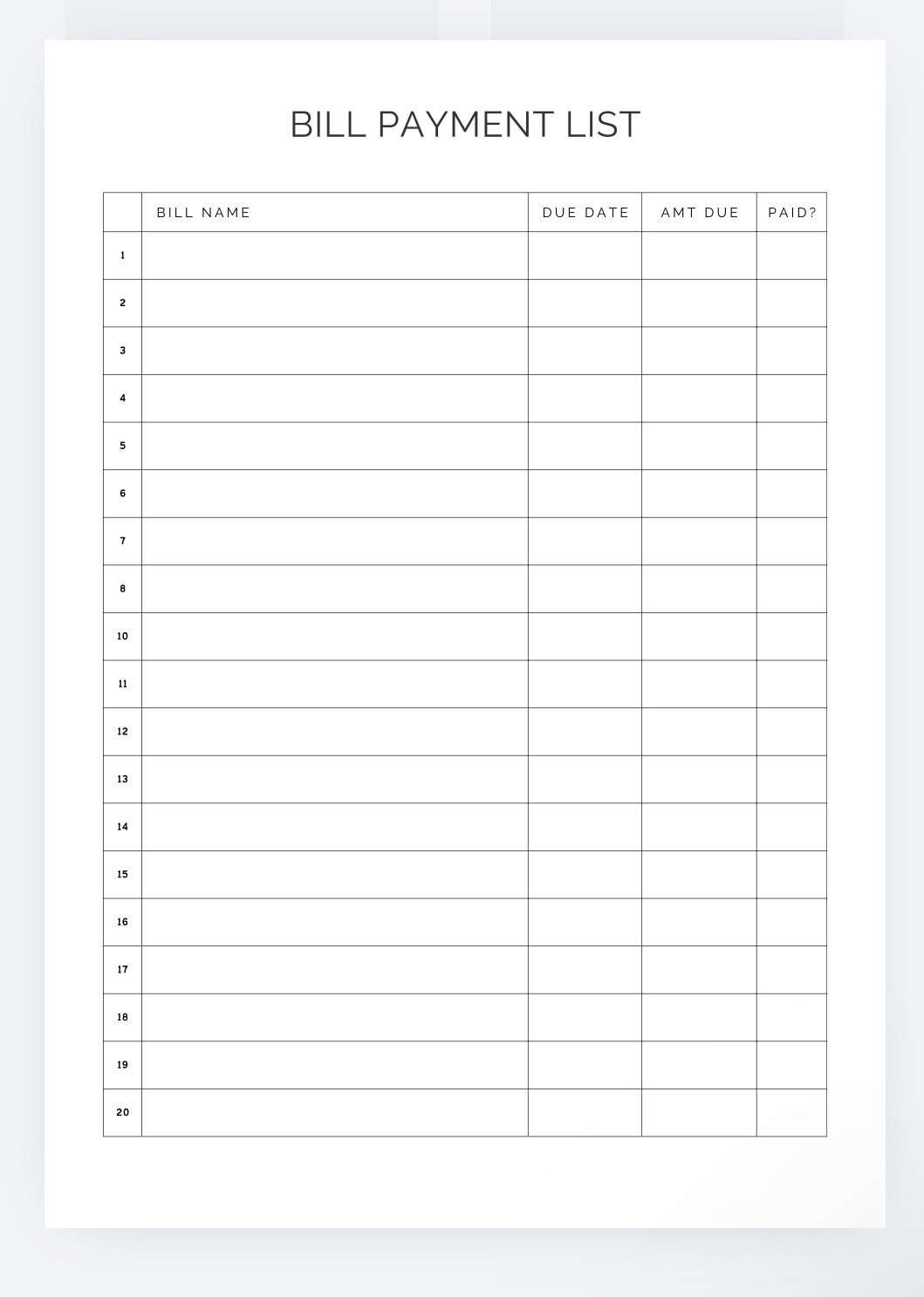 List Of Bills Template