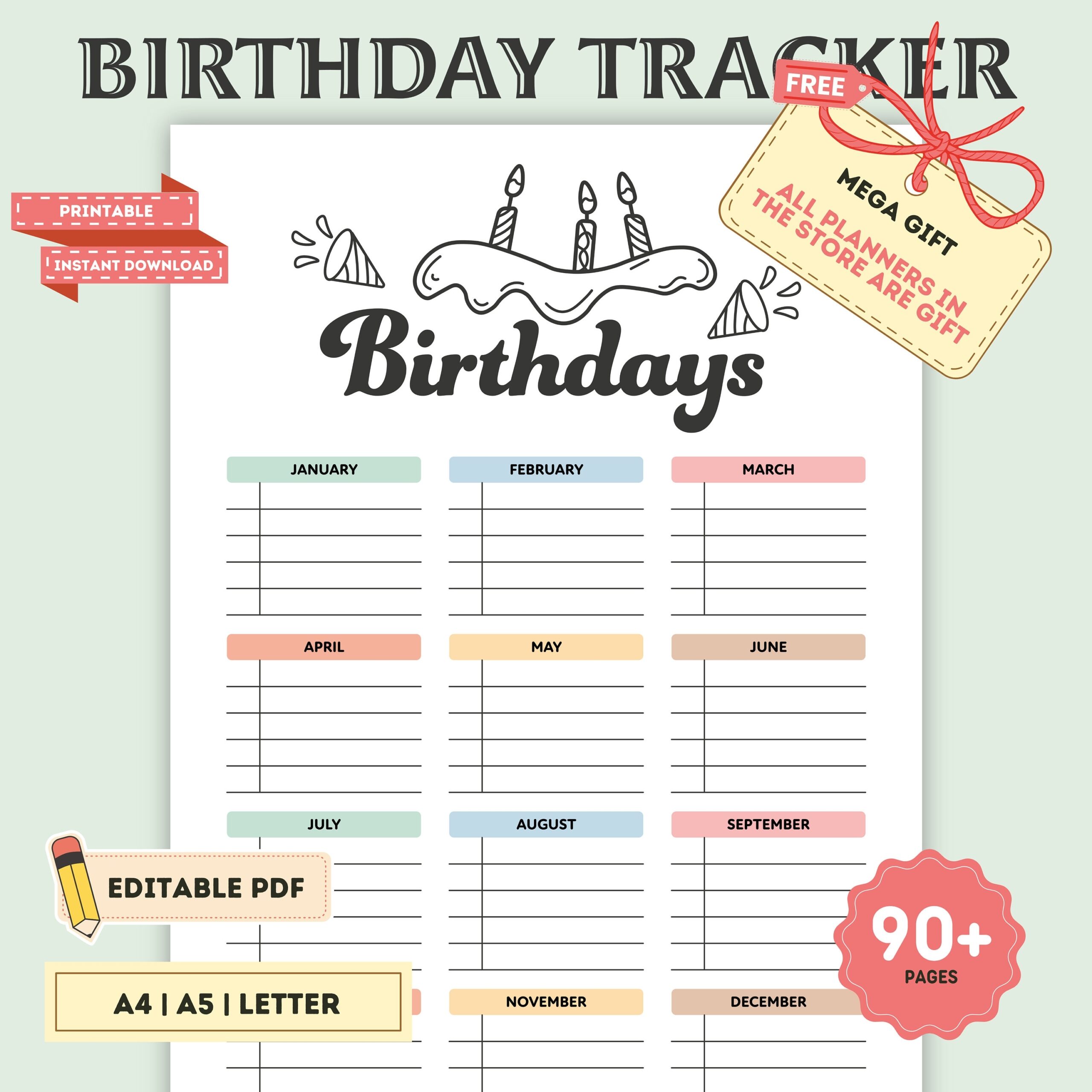Birthday Calendar Printable Editable Birthday Chart Birthday 