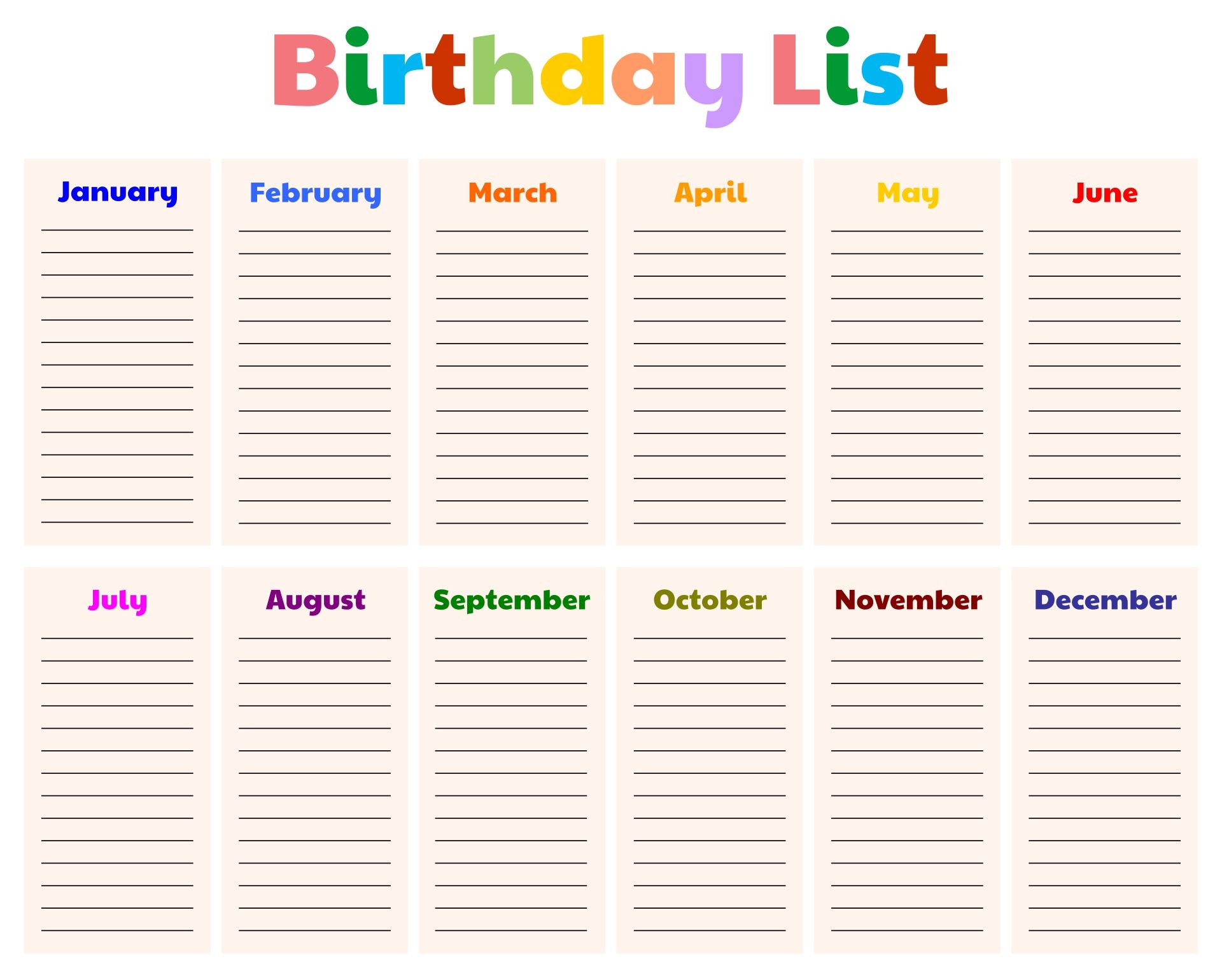 Staff Birthday List Template