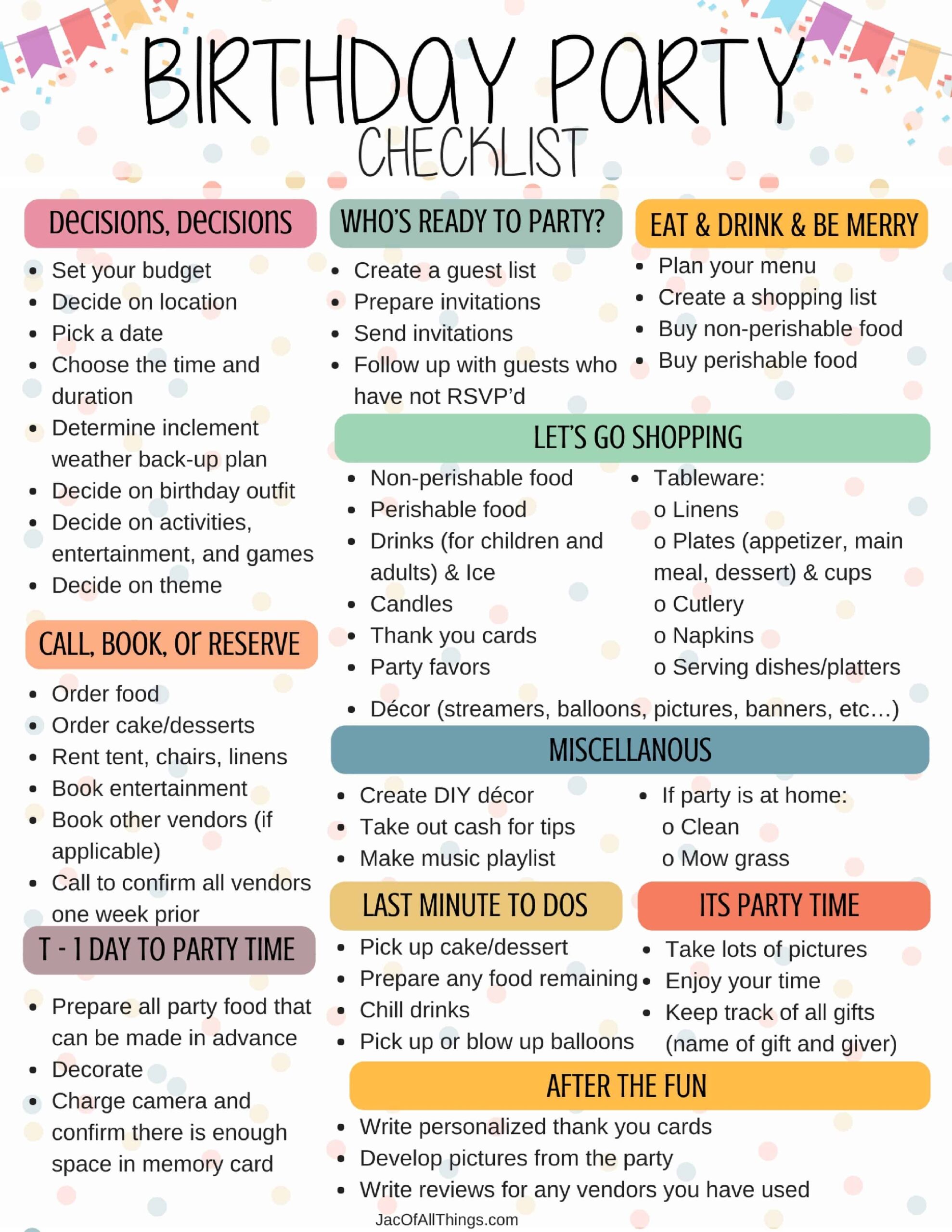 Birthday Party List Template