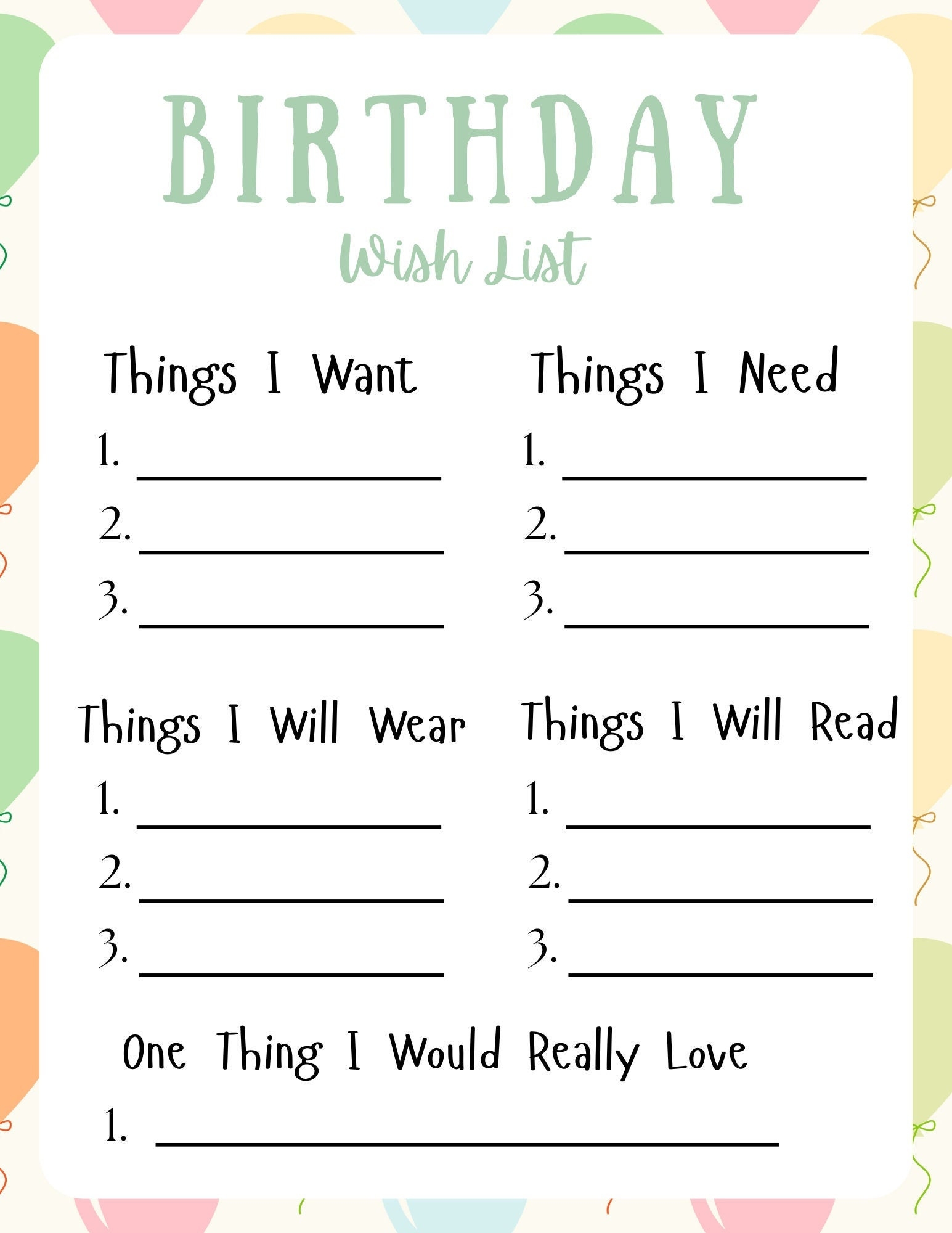 Birthday Wish List Template Printable
