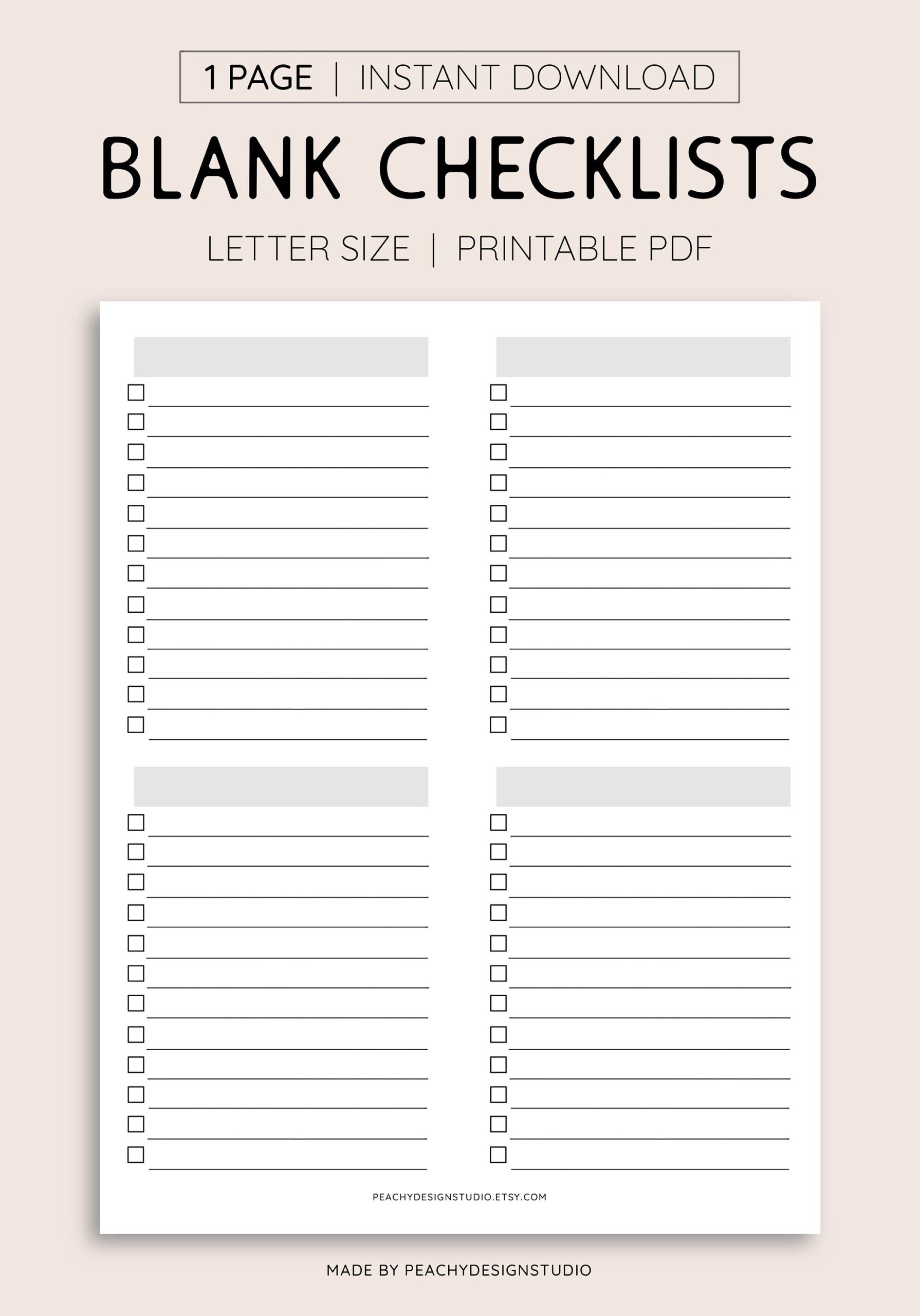 Blank Checklist Printable INSTANT DOWNLOAD PDF To Do Lists Task 