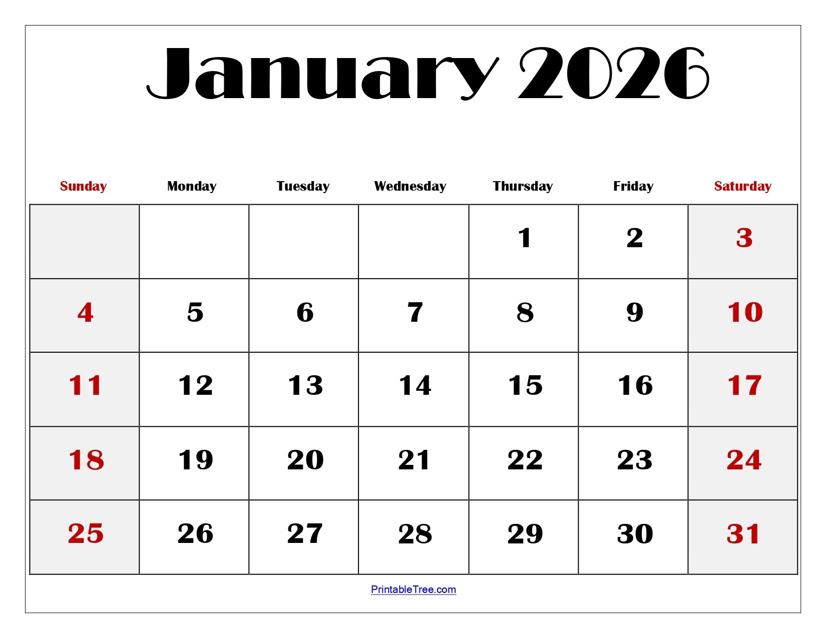 Printable Blank January Calendar