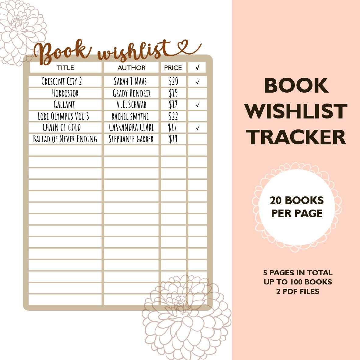 Book Wishlist Printable Reading List Instant Digital Download 