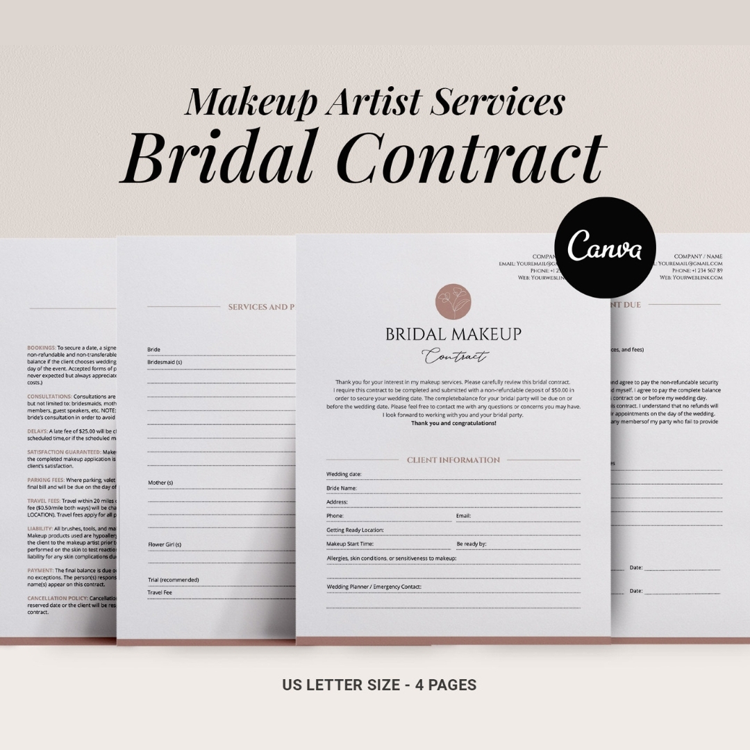 Bridal Makeup Contract Template MUA Wedding CANVA Inspire Uplift