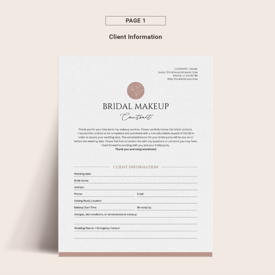 Bridal Makeup Contract Template Wedding MUA Pricelist Editable Canva Template Freelance Service Business Forms
