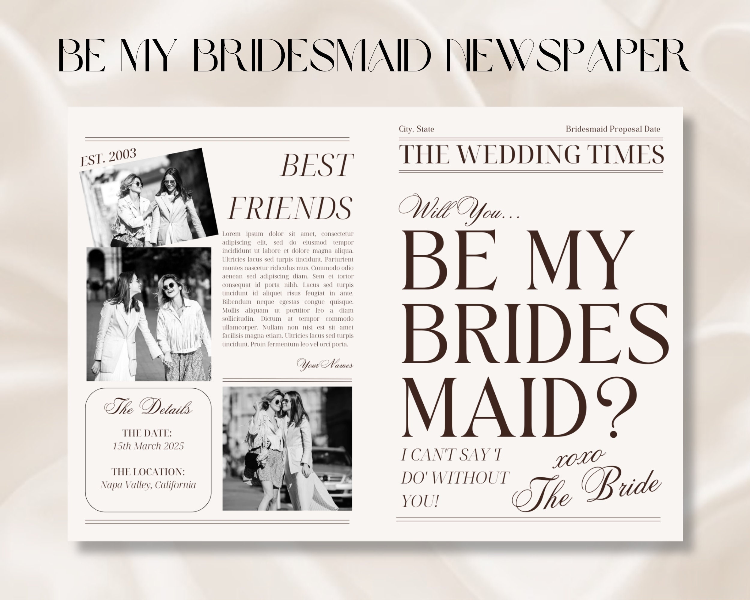 Bridesmaid Proposal Newspaper Editable Template Fun Bridesmaid 