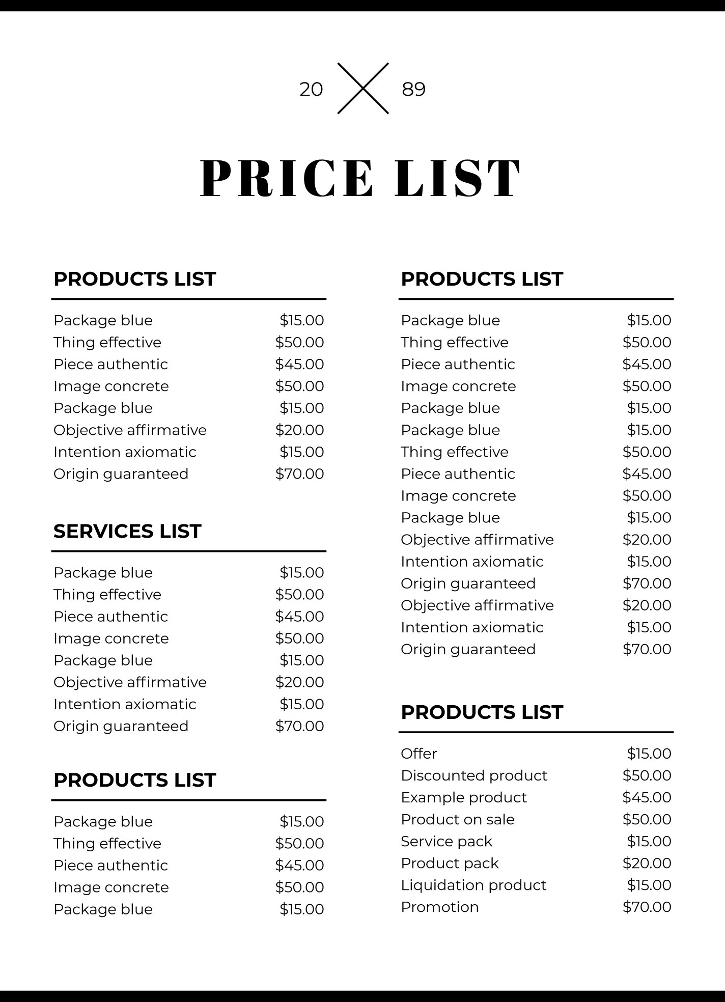 Template For Price List