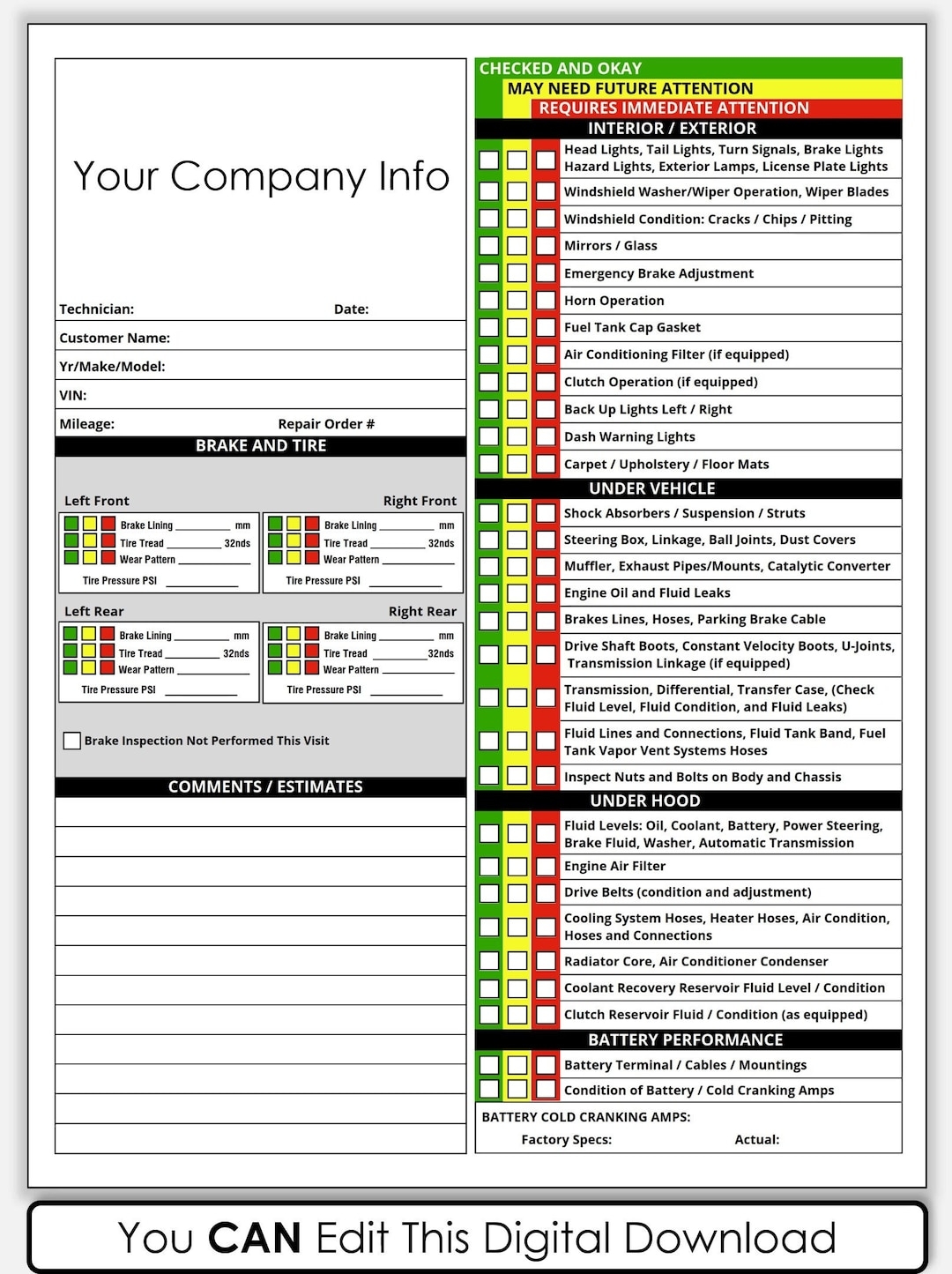 Buy PDF Printable Vehicle Inspection Report CANVA Template Editable Car Or Equipment Rental Inspection Checklist Used Vehicle Inspection Sheet 