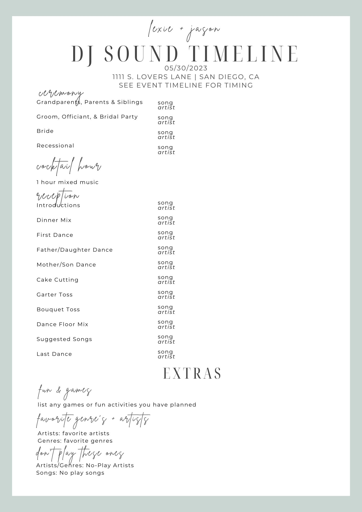 Buy Sage Wedding DJ Timeline Template DJ Wedding Music Planning 