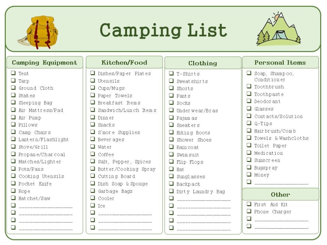 Camping Trip Packing List And Meal Plan Printable Bundle Etsy