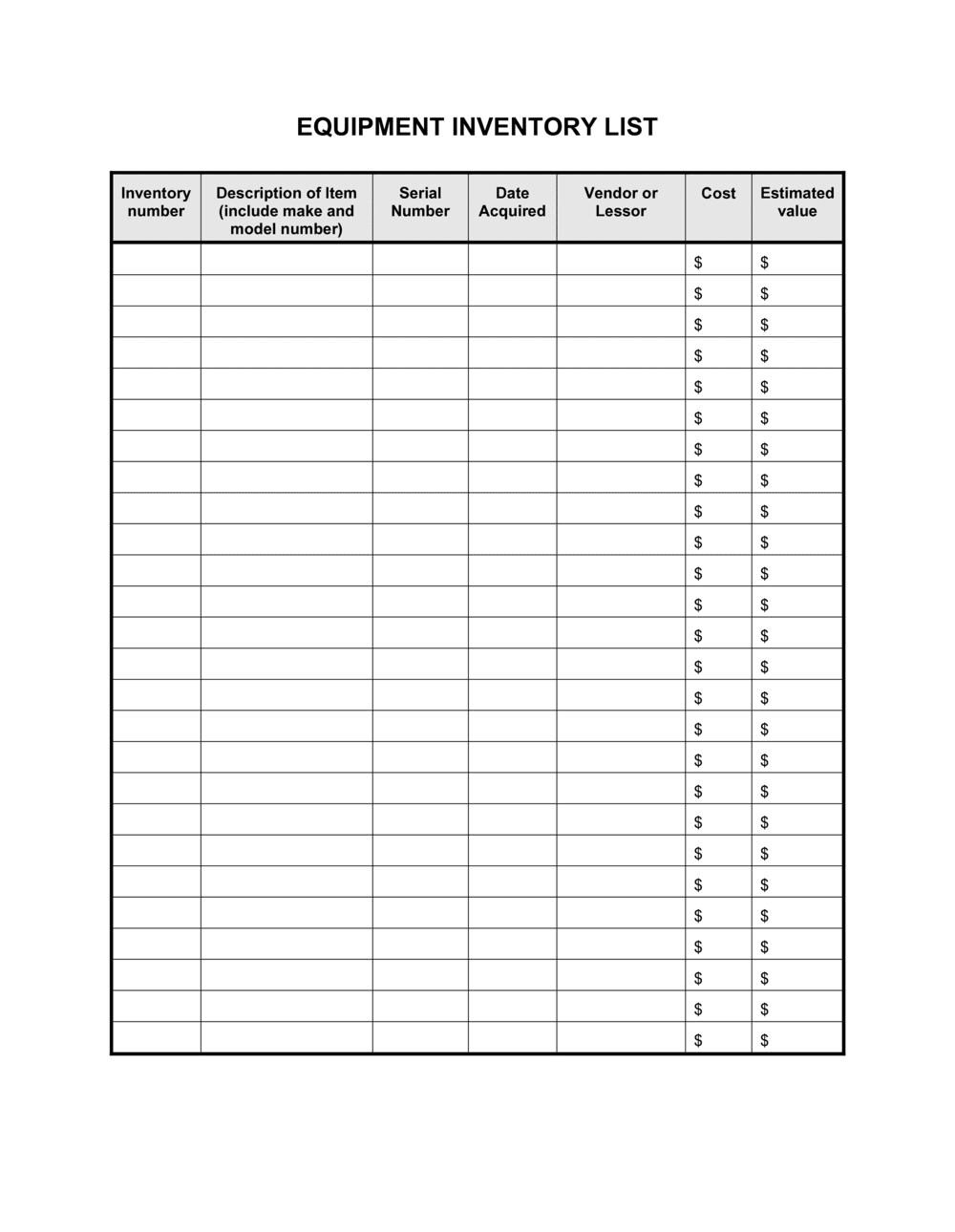 Checklist Equipment Inventory List Templates