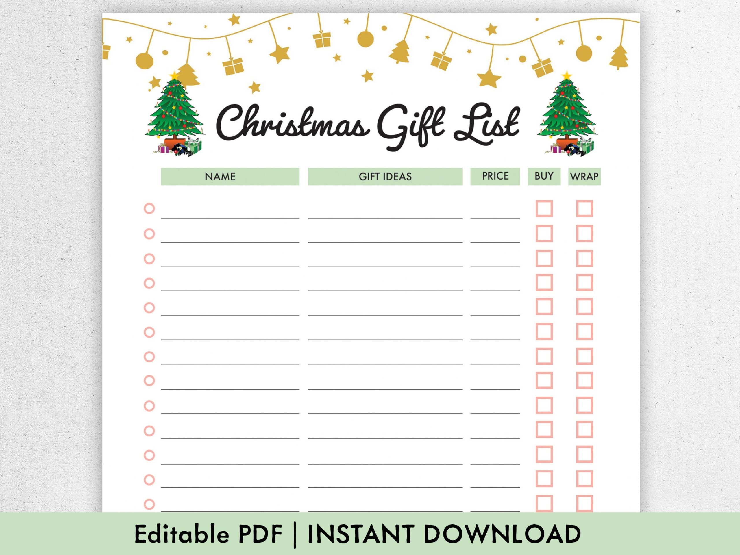 Christmas Gift List Printable Fillable Editable PDF 