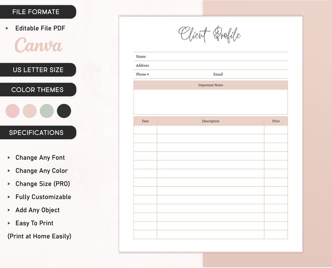 Client Profile Template Editable Business Client Profile Printable Client Information Log Customer Profile Info Sheet Or Form Workflow Etsy