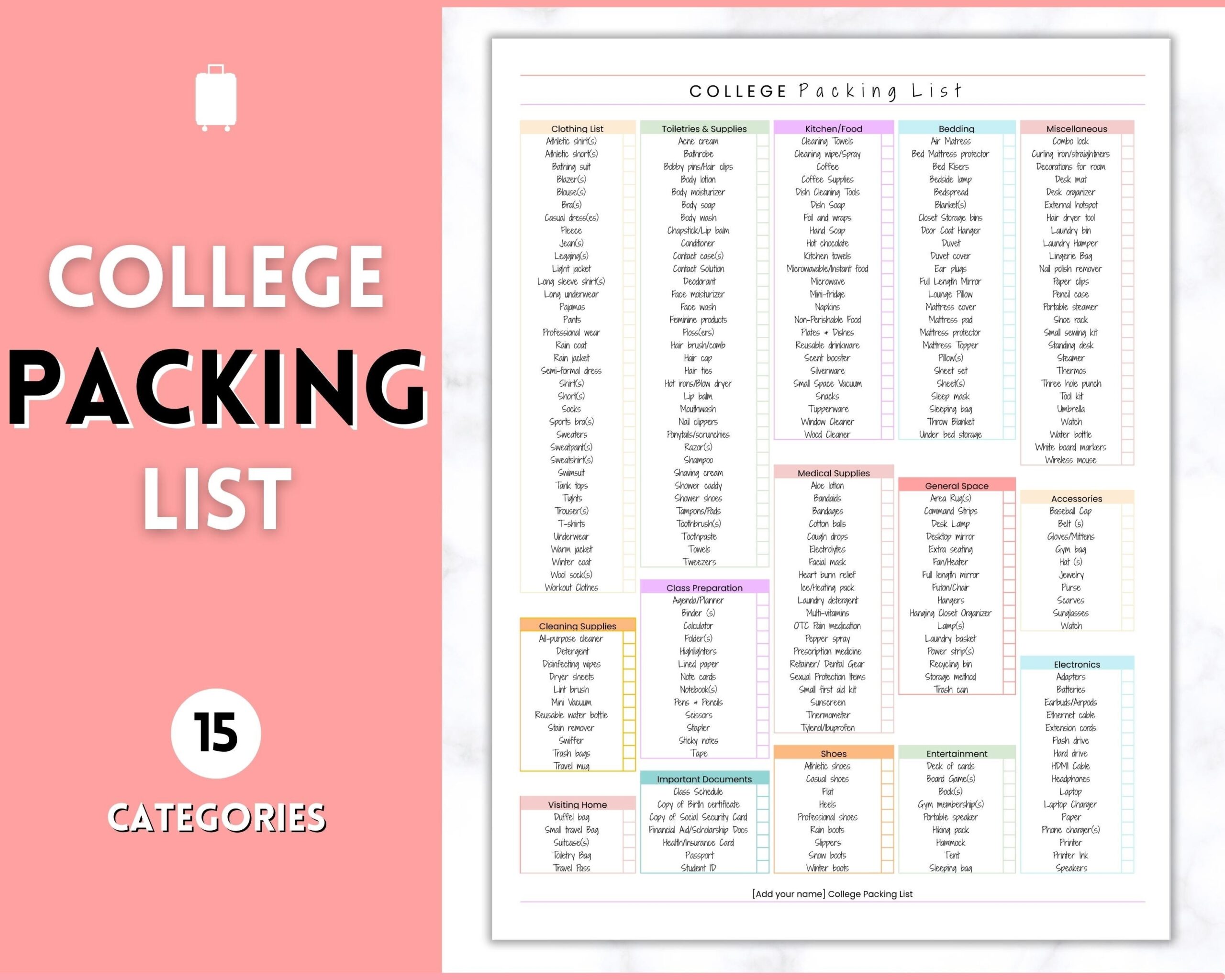 College Packing List Printable Back To School Packing Checklist Student Planner College Essentials Travel Moving College Dorm Checklist Etsy
