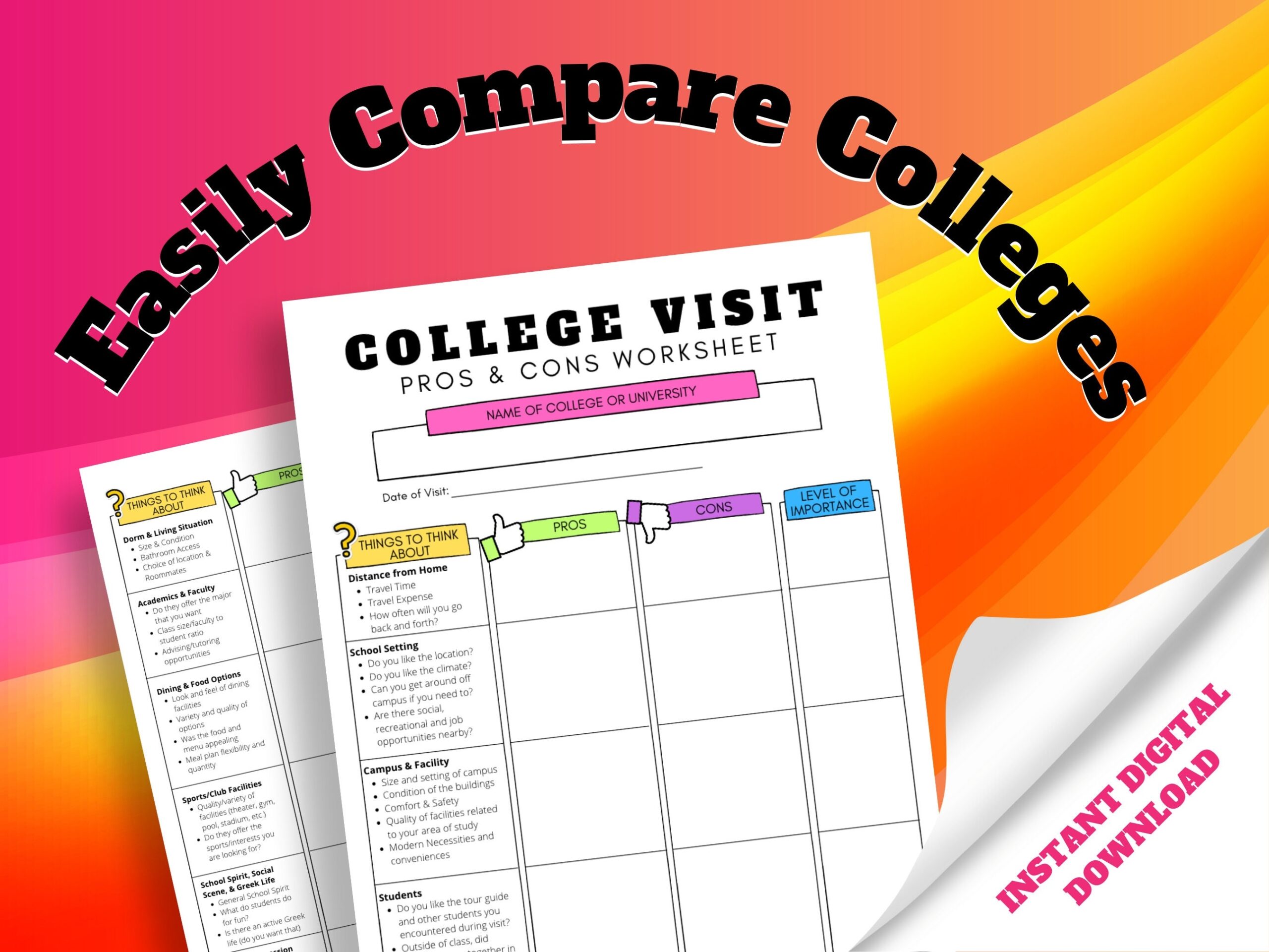 College Tour Pros U0026 Cons Worksheet School Comparison College 