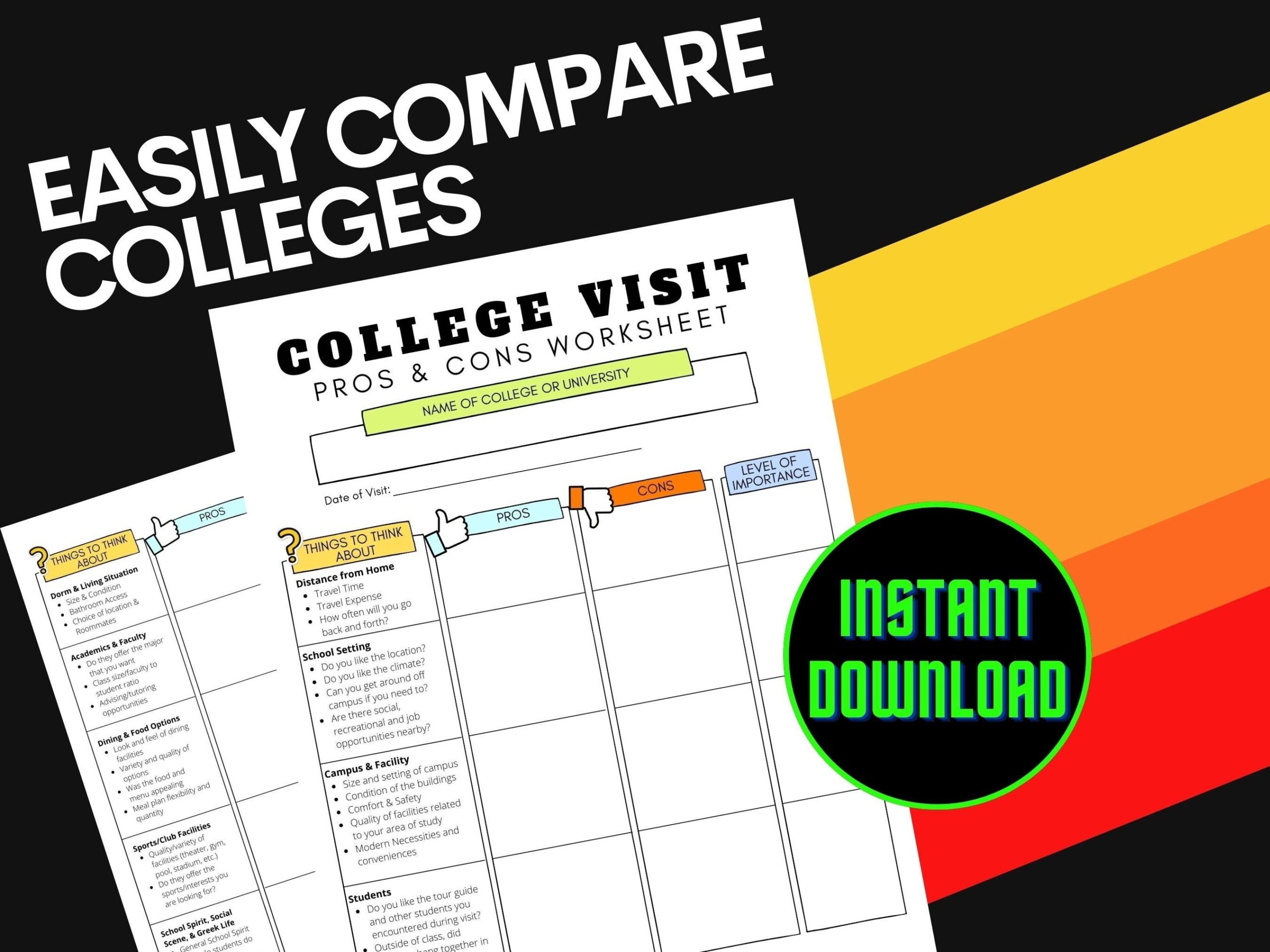 College Visit Pros U0026 Cons Worksheet Etsy
