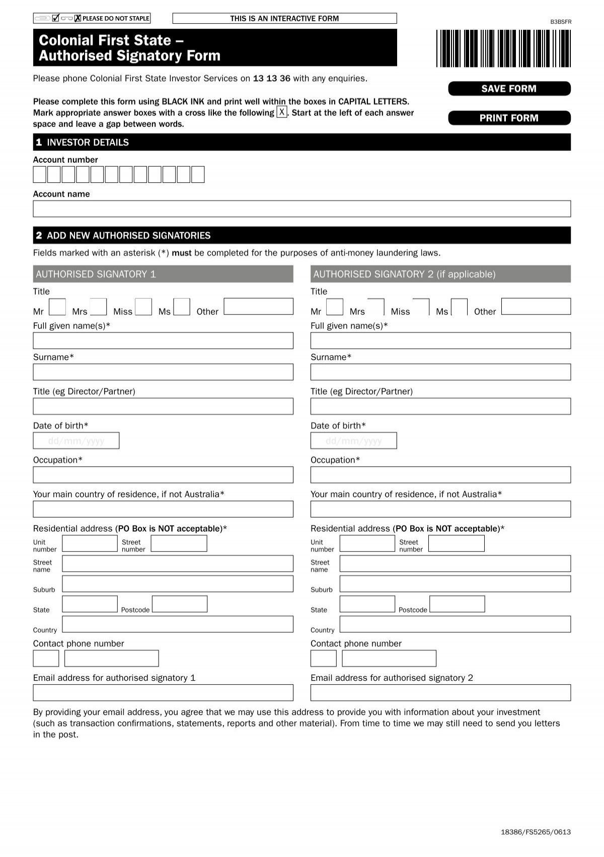 Colonial First State Authorised Signatory Form