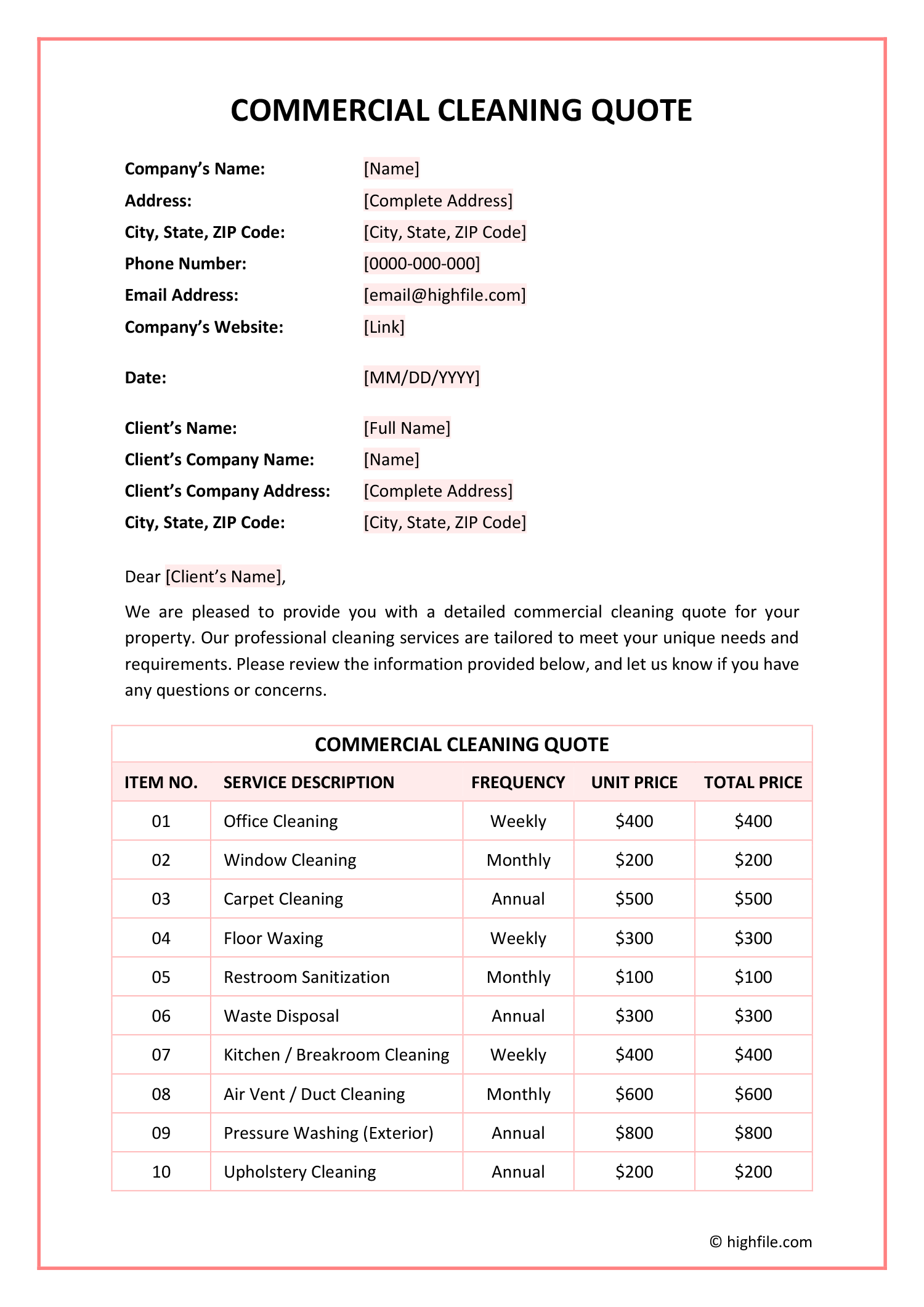 Cleaning Services Price List Template