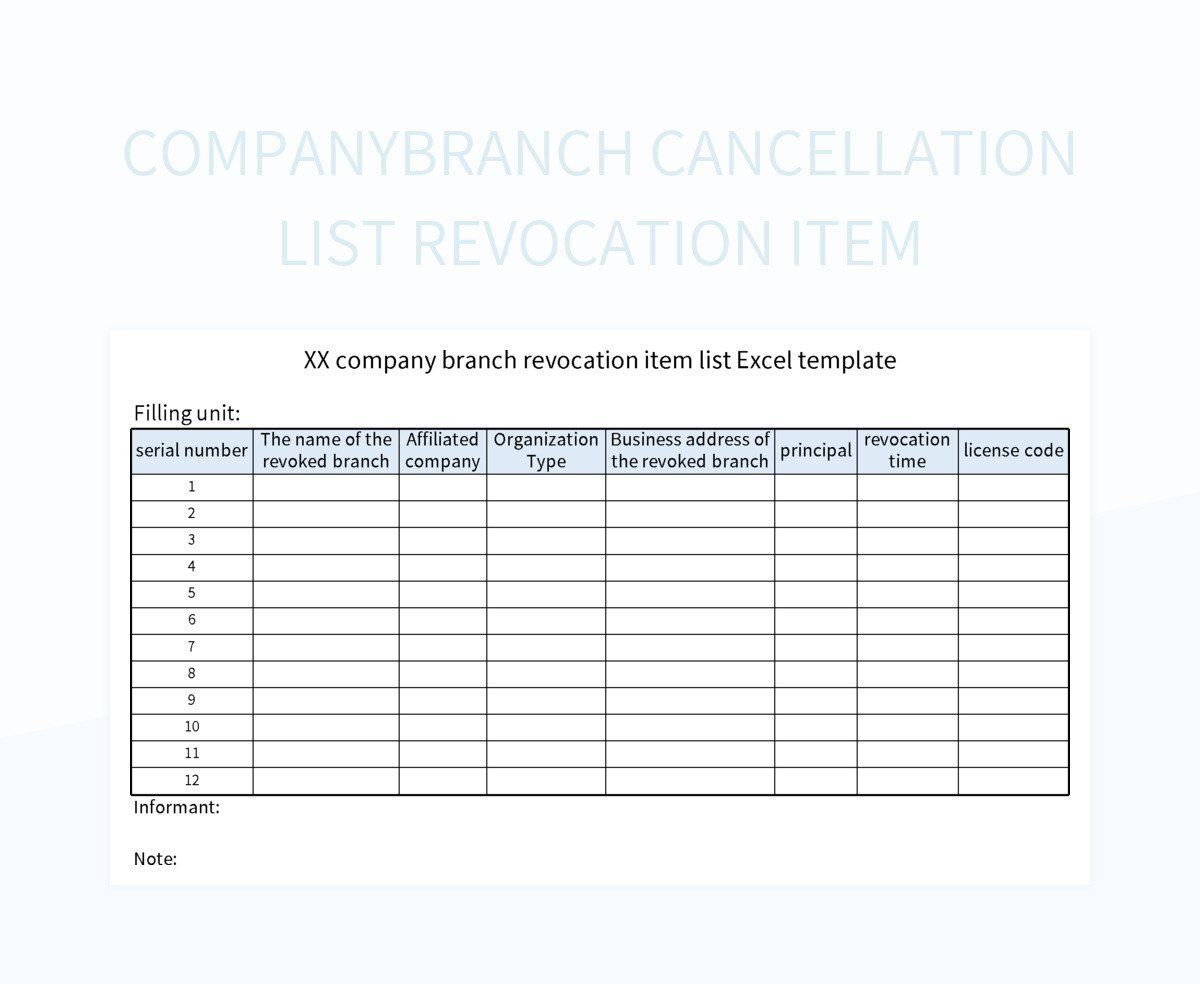 Companybranch Cancellation List Revocation Item Excel Template And 