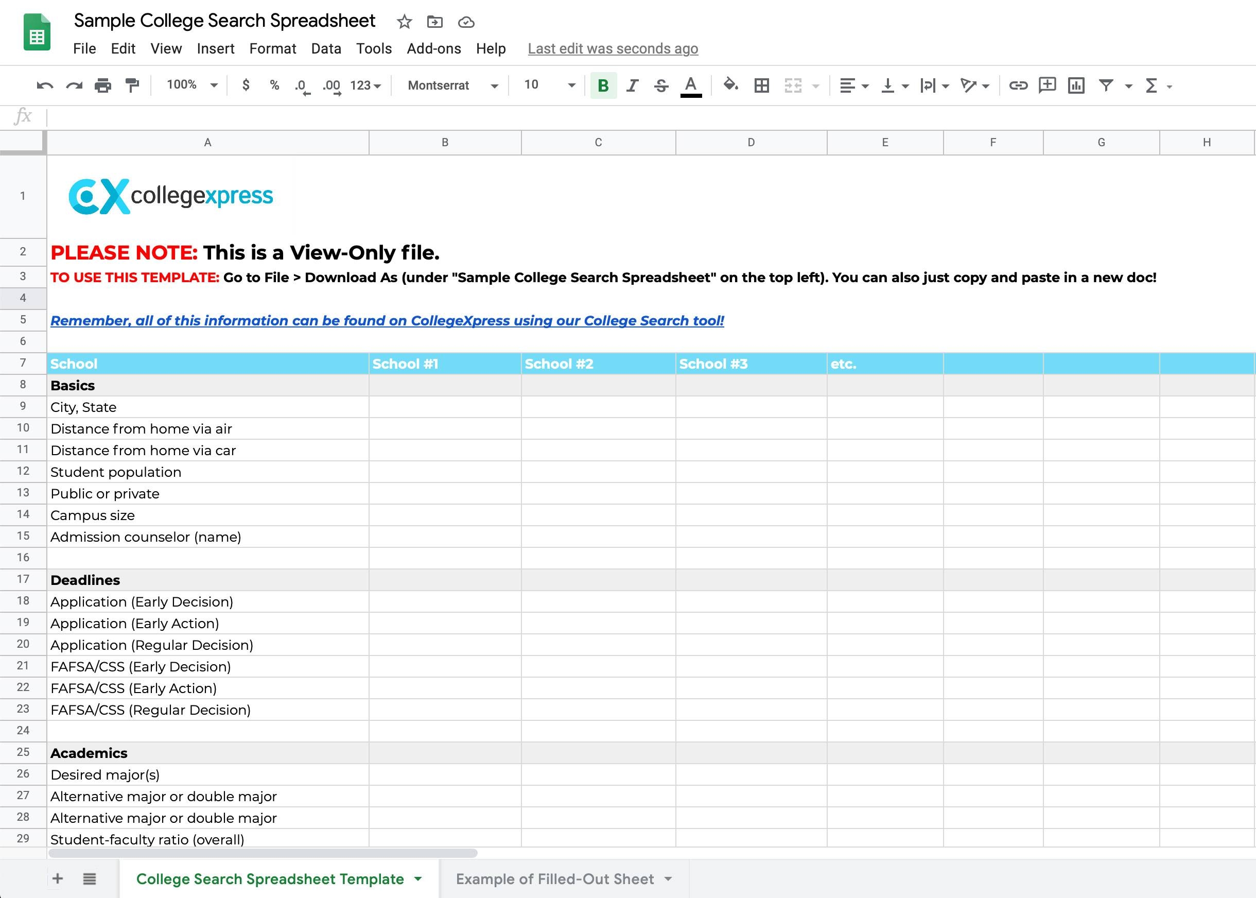 College List Template