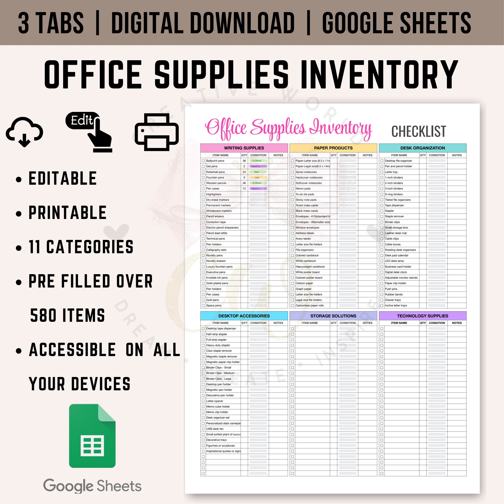 Comprehensive Office Supplies Inventory Checklist Spreadsheet Google Sheets Template Office Supplies Inventory Checklist Spreadsheet Etsy