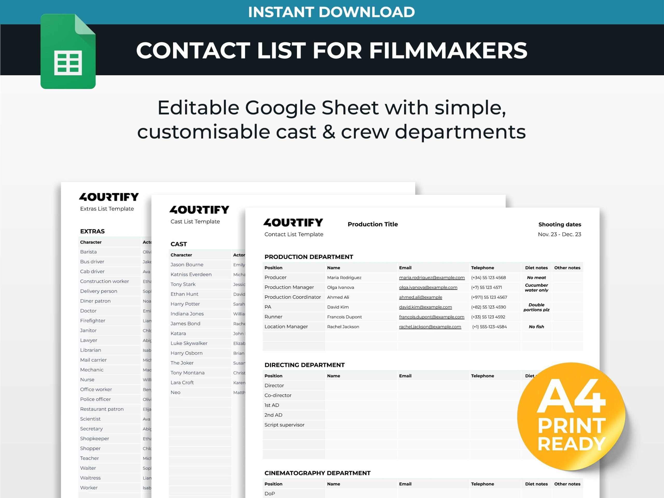 Contact cast U0026 Crew List Template For Filmmakers Google Sheets Etsy UK