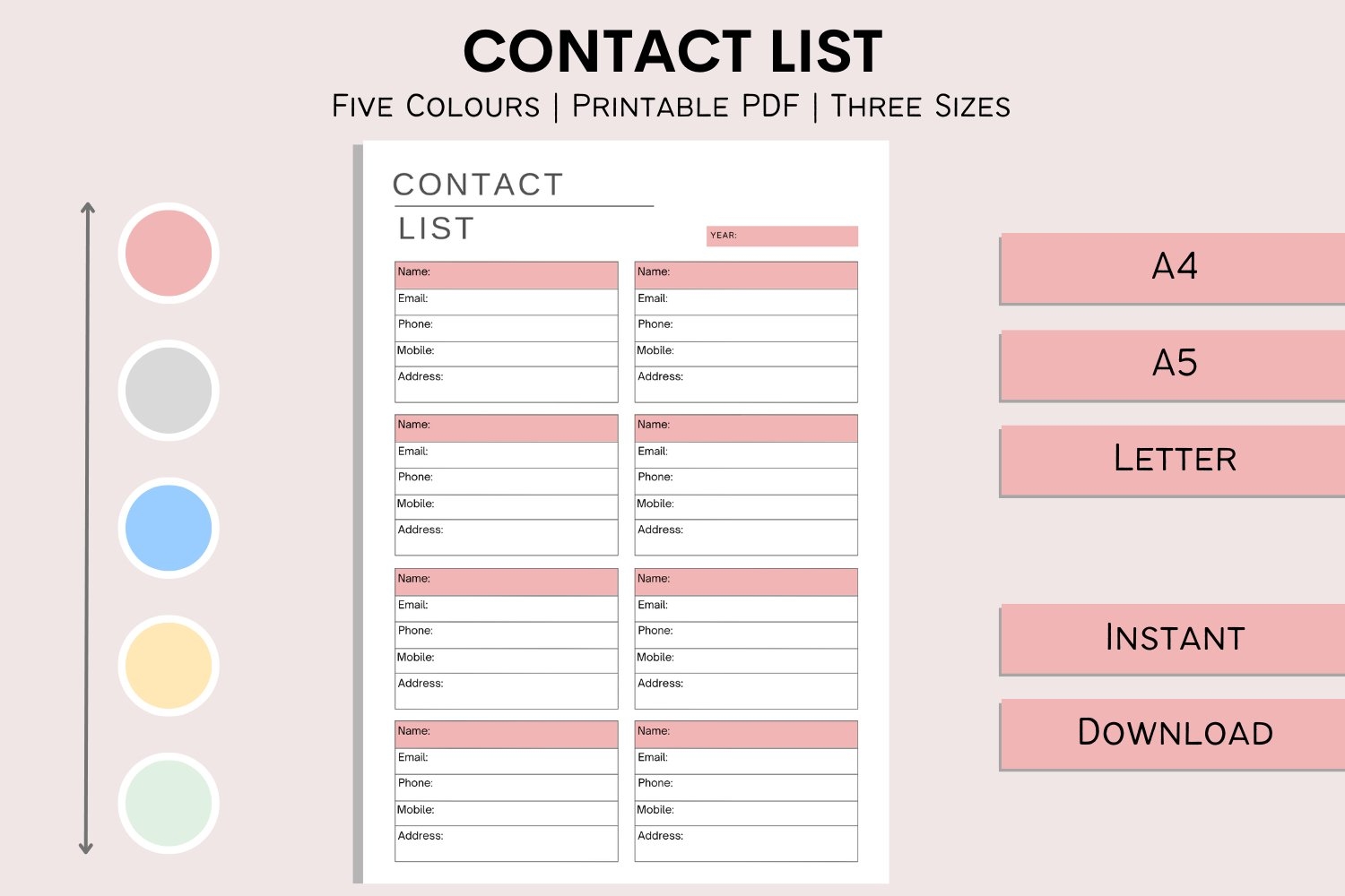 Contact List Address Book Template 5 Different Colors