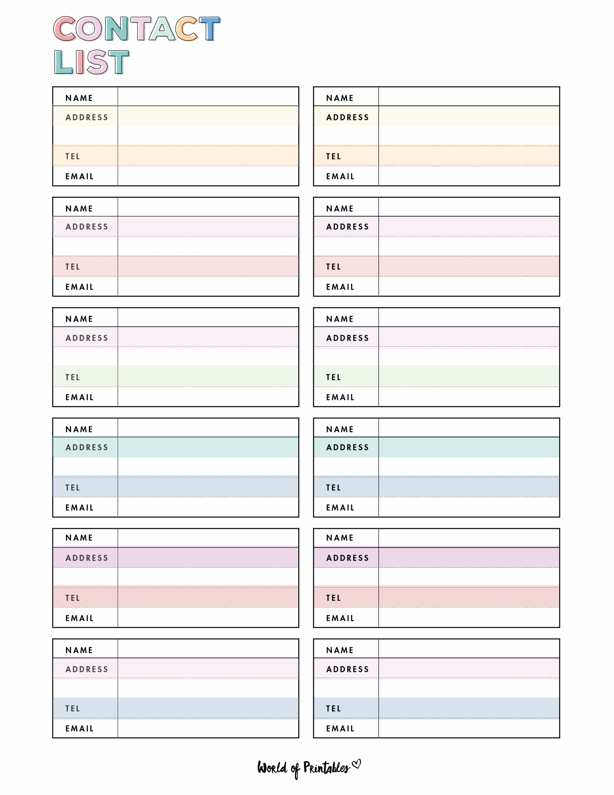 Printable Cute Contact List Template