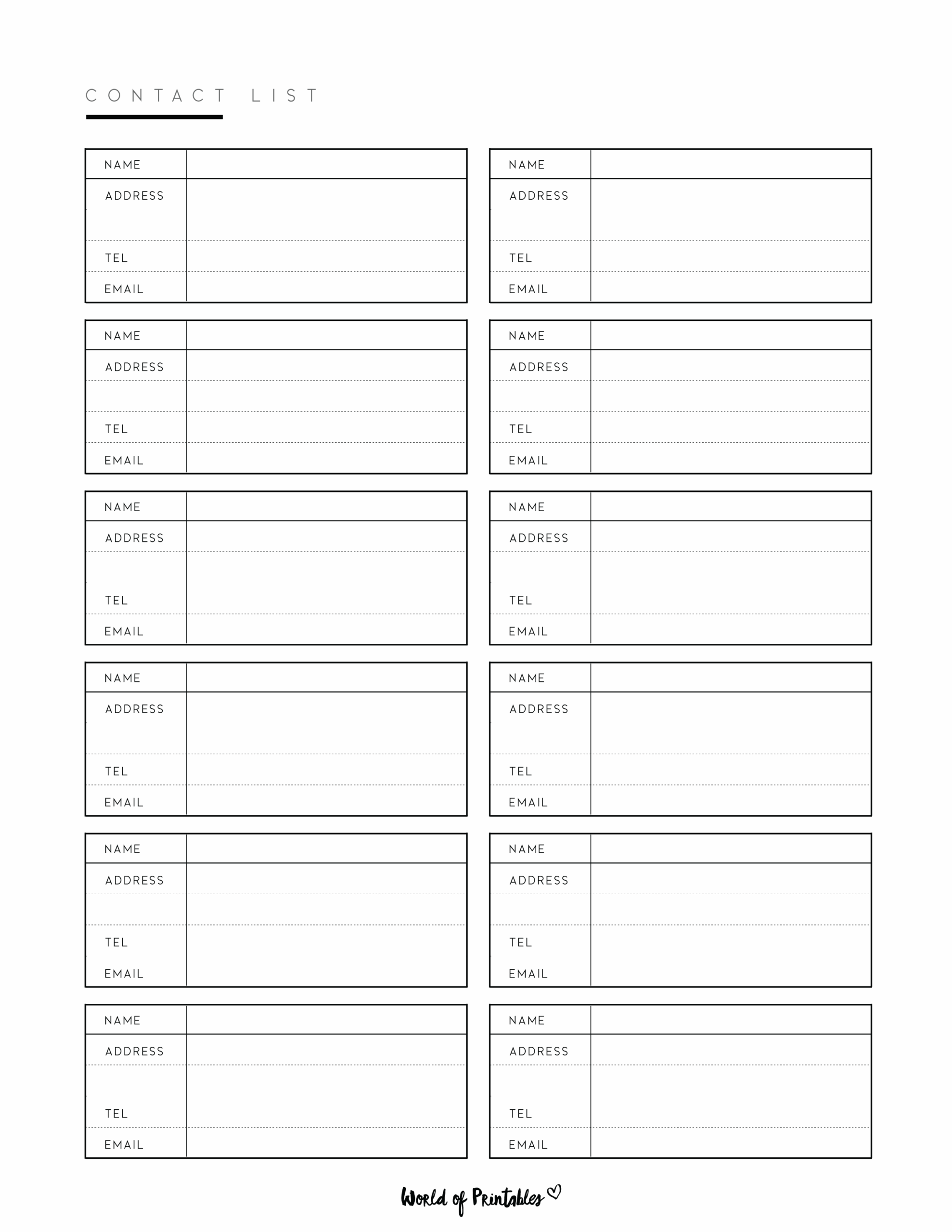 Contact List Template Pdf