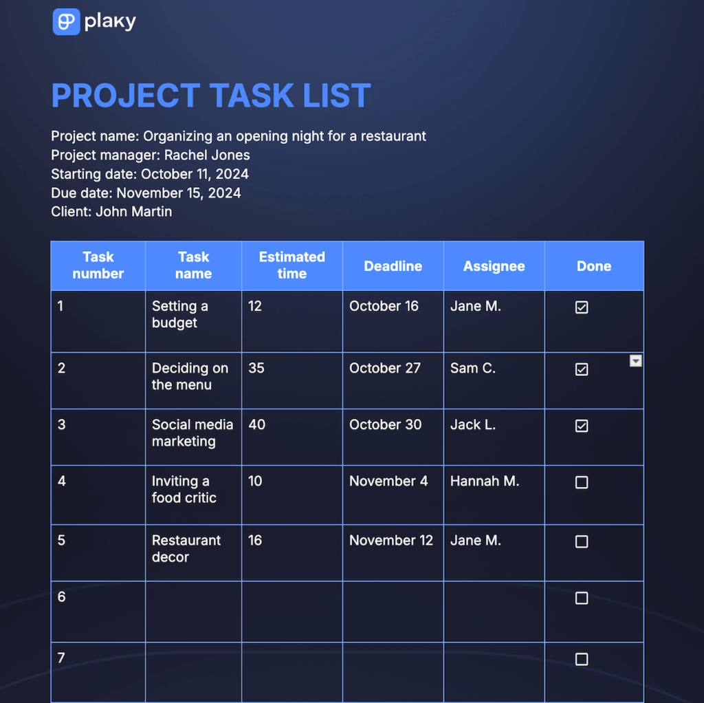 Project Task List Template
