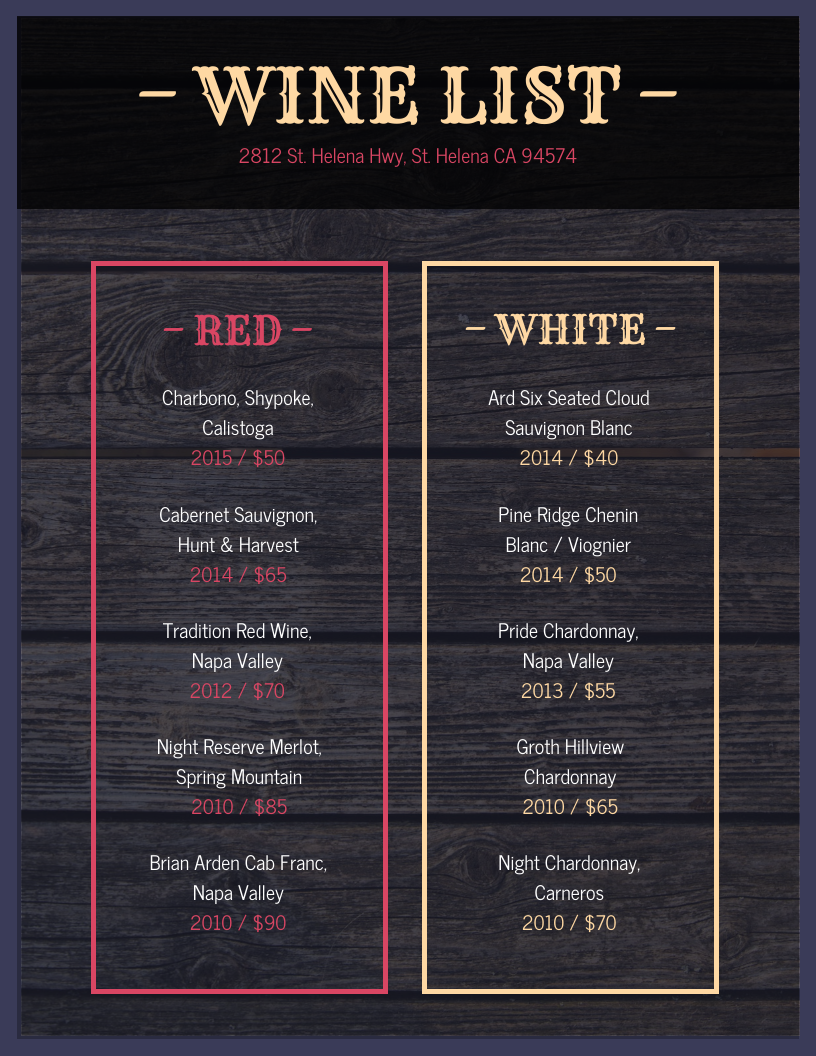 Dark Wine List Venngage