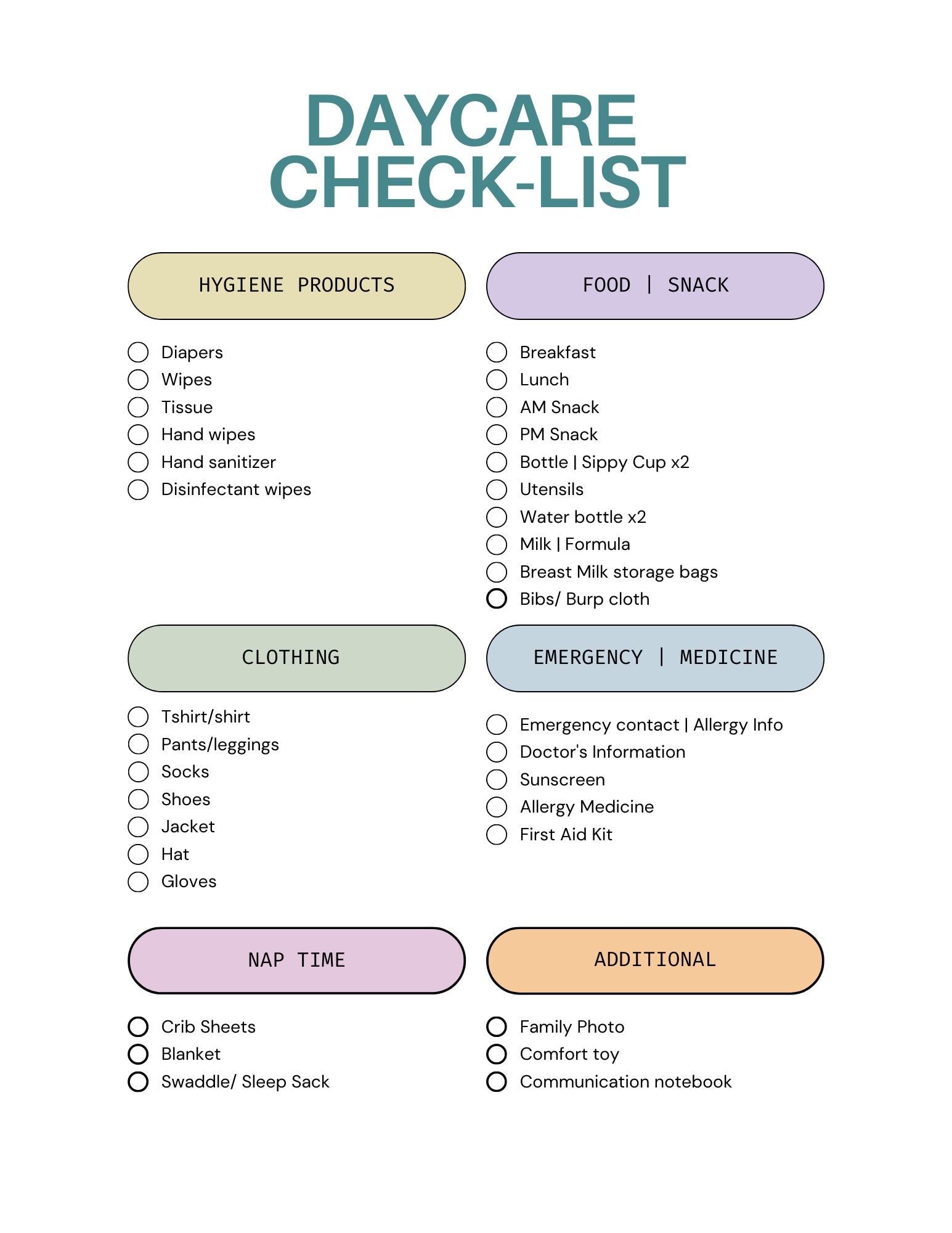 Digital Download Daycare Packing List Parents Home Care Check 